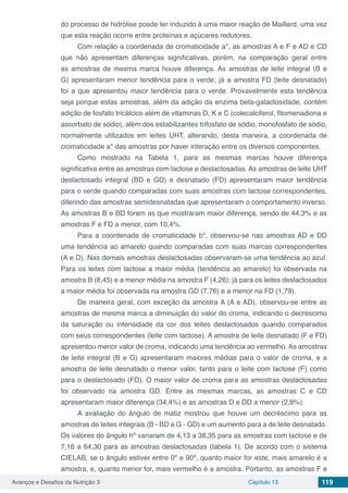 Avanços e Desafios da Nutrição 3 Capítulo 13 119
do processo de hidrólise posde ter induzido à uma maior reação de Maillard, uma vez
que esta reação ocorre entre proteínas e açúcares redutores.
Com relação a coordenada de cromaticidade a*, as amostras A e F e AD e CD
que não apresentam diferenças significativas, porém, na comparação geral entre
as amostras de mesma marca houve diferença. As amostras de leite integral (B e
G) apresentaram menor tendência para o verde; já a amostra FD (leite desnatado)
foi a que apresentou maior tendência para o verde. Provavelmente esta tendência
seja porque estas amostras, além da adição da enzima beta-galactosidade, contêm
adição de fosfato tricálcico além de vitaminas D, K e C (colecalciferol, fitomenadiona e
ascorbato de sódio), além dos estabilizantes trifosfato de sódio, monofosfato de sódio,
normalmente utilizados em leites UHT, alterando, desta maneira, a coordenada de
cromaticidade a* das amostras por haver interação entre os diversos componentes.
Como mostrado na Tabela 1, para as mesmas marcas houve diferença
significativa entre as amostras com lactose e deslactosadas. As amostras de leite UHT
deslactosado integral (BD e GD) e desnatado (FD) apresentaram maior tendência
para o verde quando comparadas com suas amostras com lactose correspondentes,
diferindo das amostras semidesnatadas que apresentaram o comportamento inverso.
As amostras B e BD foram as que mostraram maior diferença, sendo de 44,3% e as
amostras F e FD a menor, com 10,4%.
Para a coordenada de cromaticidade b*, observou-se nas amostras AD e DD
uma tendência ao amarelo quando comparadas com suas marcas correspondentes
(A e D). Nas demais amostras deslactosadas observaram-se uma tendência ao azul.
Para os leites com lactose a maior média (tendência ao amarelo) foi observada na
amostra B (8,45) e a menor média na amostra F (4,26); já para os leites deslactosados
a maior média foi observada na amostra GD (7,76) e a menor na FD (1,79).
De maneira geral, com exceção da amostra A (A e AD), observou-se entre as
amostras de mesma marca a diminuição do valor do croma, indicando o decréscimo
da saturação ou intensidade da cor dos leites deslactosados quando comparados
com seus correspondentes (leite com lactose). A amostra de leite desnatado (F e FD)
apresentou menor valor de croma, indicando uma tendência ao vermelho. As amostras
de leite integral (B e G) apresentaram maiores médias para o valor de croma, e a
amostra de leite desnatado o menor valor, tanto para o leite com lactose (F) como
para o deslactosado (FD). O maior valor de croma para as amostras deslactosadas
foi observado na amostra GD. Entre as mesmas marcas, as amostras C e CD
apresentaram maior diferença (34,4%) e as amostras D e DD a menor (2,8%).
A avaliação do ângulo de matiz mostrou que houve um decréscimo para as
amostras de leites integrais (B - BD e G - GD) e um aumento para a de leite desnatado.
Os valores do ângulo hº variaram de 4,13 a 38,35 para as amostras com lactose e de
7,16 a 64,30 para as amostras deslactosadas (tabela 1). De acordo com o sistema
CIELAB, se o ângulo estiver entre 0º e 90º, quanto maior for este, mais amarelo é a
amostra, e, quanto menor for, mais vermelho é a amostra. Portanto, as amostras F e
 