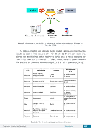 Avanços e Desafios da Nutrição 3 Capítulo 18 160
Figura 6: Representação esquemática da utilização de bacteriocinas na indústria. Adaptado de:
Yang et al (2014).
As bacteriocinas tem sido objeto de muitos estudos e por isso existe uma ampla
coleção de bacteriocinas para uso alimentar (Quadro 2). Porém, comercialmente,
apenas três bacteriocinas estão disponíveis sendo elas a nisina produzida por
Lactococcus lactis, a ALTA 2351® e ALTA 2341®, ambas produzidas por Pediococcus
spp. e usadas em processos fermentativos (MILLS et al., 2011; SABO et al., 2014).
Quadro 2: Uso de bacteriocinas comerciais em alimentos.
 
