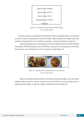 Avanços e Desafios da Nutrição 3 Capítulo 20 174
Figura 1 – Fluxograma de produção do kefir de água.
Fonte: Autores (2018).
Para se chegar à formulação final da bebida, foram realizados testes, em especial
no que se refere à proporção de suco de laranja. Optou-se pela formulação que mais
agradou sensorialmente os envolvidos no projeto, a qual está descrita na figura 2.
	 Apartir de batatas yacon produzidas no Setor de Olericultura do Instituto Federal
Farroupilha (IFFAR) Campus Júlio de Castilhos, produziu-se uma polpa por cozimento
das mesmas, com acréscimo de 10 % de açúcar cristal (Figura 2).
Figura 2 – Batatas yacon e polpa obtida com as mesmas.
Fonte: Autores (2018).
	
	 Após a conclusão deste processo, somaram-se ao kefir de água, suco de laranja
integral, polpa de yacon, açúcar mascavo e cravo-da-índia, os quais compuseram a
segunda fermentação, a qual deu origem à bebida funcional (Figura 3).
 