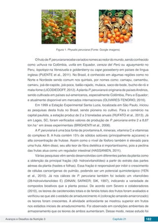 Avanços e Desafios da Nutrição 3 Capítulo 21 182
Figura 1. Physalis peruviana (Fonte: Google imagens)
OfrutodeP.peruvianarecebevariadosnomesaoredordomundo,sendoconhecido
como uchuva na Colômbia, uvilla em Equador, cereza del Perú ou aguaymanto no
Peru, topotopo na Venezuela e goldenberry ou cape gooseberry em países de língua
inglesa (PUENTE et al., 2011). No Brasil, é conhecido em algumas regiões como no
Norte e Nordeste sendo comum nos quintais, por nomes como: camapu, camambu,
camaru, joá-de-capote, joá-poca, balão-rajado, mulaca, saco-de-bode, bucho-de-rã e
mata-fome (LICODIEDOFF, 2012).Aplanta P. peruviana é originaria de paísesAndinos,
sendo cultivada em países sul-americanos, especialmente Colômbia, Peru e Equador;
e atualmente disponível em mercados internacionais (OLIVARES-TENORIO, 2016).
Em 1999 a Estação Experimental Santa Luzia, localizada em São Paulo, iniciou
as pesquisas desta fruta no Brasil, sendo pioneira no cultivo. Para o comércio na
capital paulista, a estação produz de 2 a 3 toneladas anuais (RUFATO et al., 2013). Já
em Lages, SC, foram verificados valores de produção de P. peruviana entre 2 a 8,67
ton.ha-1
em áreas experimentais (BRIGHENTI et al., 2008).
A P. peruviana é uma boa fonte de provitamina A, minerais, vitamina C e vitaminas
do complexo B. A fruta contém 15% de sólidos solúveis (principalmente açúcares) e
alta concentração de frutose. Assim como o nível de fósforo também é elevado para
uma fruta. Além disso, seu alto teor de fibra dietética é importantíssimo, pois a pectina
das frutas atua como um regulador intestinal (HASSANIEN, 2011).
Várias pesquisas vêm sendo desenvolvidas com diferentes partes da planta como
a obtenção da principal fração (4β- hidroxivitanolídeo) a partir do extrato das partes
aéreas da planta (hastes e folhas). Essa fração é responsável por inibir o crescimento
de células cancerígenas do pulmão, podendo ser um potencial quimioterápico (YEN
et al., 2010). Já nos cálices de P. peruviana também foi isolado um vitanolídeo
(28-hidroxivitanolídeo E) (DINAN; SARKER; SIK, 1997), indicando a variedade de
compostos bioativos que a planta possui. De acordo com Severo e colaboradores
(2010), os teores de carotenoides totais e de fenóis totais dos frutos foram avaliados e
verificou-se que até o estádio de amadurecimento 4 (coloração amarelo-amarronzado)
os teores foram crescentes. A atividade antioxidante se mostrou superior em frutos
nos estádios iniciais de amadurecimento. Foi observado em condições ambientais de
armazenamento que os teores de ambos aumentaram. Desse modo, nesse estudo foi
 