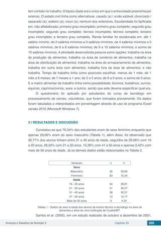 Avanços e Desafios da Nutrição 3 Capítulo 23 205
tem contato no trabalho. O tópico idade era o único em que o entrevistado preenchia por
extenso. O estado civil tinha como alternativas: casado (a) / união estável; divorciado /
separado (a); solteiro (a); viúvo (a); nenhum dos anteriores. Escolaridade foi tipificada
em: não alfabetizado; primeiro grau incompleto; primeiro grau completo; segundo grau
incompleto; segundo grau completo; técnico incompleto; técnico completo; terceiro
grau incompleto; e terceiro grau completo. Renda familiar foi escalonada em: até 1
salário mínimo; de 2 salários mínimos a 3 salários mínimos; de 4 salários mínimos a 5
salários mínimos; de 6 a 8 salários mínimos; de 9 a 10 salários mínimos; e acima de
10 salários mínimos. A atividade desenvolvida possuía como opções: trabalha na área
de produção de alimentos; trabalha na área de comércio de alimentos; trabalha na
área de distribuição de alimentos; trabalha na área de armazenamento de alimentos;
trabalha em outra área com alimentos; trabalha fora da área de alimentos; e não
trabalha. Tempo de trabalho tinha como possíveis escolhas: menos de 1 mês; de 1
mês a 6 meses; de 7 meses a 1 ano; de 2 a 5 anos; de 6 a 9 anos; e acima de 9 anos.
E a matriz alimentar de trabalho tinha como possibilidade: bovinos; bubalinos; suínos;
equinos; caprinos/ovinos; aves; e outros, sendo que este deveria especificar qual era.
O questionário foi aplicado por estudantes do curso de tecnólogo em
processamento de carnes, voluntários, que foram treinados previamente. Os dados
foram tabulados e interpretados em porcentagem através do uso do programa Excel
versão 2010 (Microsoft Windows 7).
3 | 	RESULTADOS E DISCUSSÃO
Constatou-se que 70,34% dos estudantes eram do sexo feminino enquanto que
apenas 29,66% eram do sexo masculino (Tabela 1), além disso, foi observado que
30,77% dos alunos tinham entre 31 a 40 anos de idade, seguidos de 29,06% com 16
a 20 anos, 26,50% com 21 a 30 anos, 10,26% com 41 a 50 anos e apenas 3,42% com
mais de 50 anos de idade. Já os demais dados estão relacionados na Tabela 2.
Variáveis n %
Sexo
Masculino 35 29,66
Feminino 83 70,34
Idade
16 - 20 anos 34 28,81
21 - 30 anos 31 26,27
31 - 40 anos 36 30,51
41 - 50 anos 12 10,17
Mais de 50 anos 5 4,24
Tabela 1 - Dados de sexo e idade dos alunos de ensino técnico e tecnólogo na área de
alimentos e afins de uma instituição de Cuiabá/MT.
Santos et al. (2005), em um estudo realizado de outubro a dezembro de 2001,
 