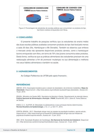Avanços e Desafios da Nutrição 3 Capítulo 30 260
Figura 3: Porcentagem de estudantes de escolas públicas que consumiriam os produtos do tipo
fast food e cookies enriquecidos com fibras.
4 | 	CONCLUSÕES
O presente trabalho de pesquisa verificou que os estudantes do ensino médio
das duas escolas públicas avaliadas consomem produtos do tipo fast food pelo menos
a cada 30 dias (Xis, Hambúrguer e Mc Donalds). Também se observou que embora
o mercado ainda não apresente disponíveis produtos cárneos, como o hambúrguer
bovino enriquecido com fibra, em torno de 70% dos jovens consumiria estes produtos.
Desta forma, verifica-se que as práticas alimentares dos estudantes precisam de uma
reeducação alimentar a fim de promover mudanças na sua alimentação e melhoria
nos seus hábitos alimentares e também na saúde.
5 | 	AGRADECIMENTOS
Ao Colégio Politécnico da UFSM pelo apoio financeiro.
REFERÊNCIAS
ABESO. 2019. Associação brasileira para o estudo da obesidade e da síndrome metabólica. Mapa da
Obesidade. Disponível em: <http://www.abeso.org.br/atitude-saudavel/mapa-obesidade>. Acesso em:
15 jan. 2019.
BRASIL. Ministério da Saúde (MS). Secretaria de Atenção à Saúde. Departamento de atenção básica.
Política Nacional de Alimentação e Nutrição - PNAN. Brasília:MS; 2012. (Série B. Textos Básicos
de Saúde).
ENES, C. C.; SLATER, B. Obesidade na adolescência e seus principais fatores determinantes.
Revista Brasileira de Epidemiologia, v.13, n.1, p.163-171, 2010.
PORTAL BRASIL. 2017. Obesidade atinge mais da metade da população brasileira, aponta estudo.
Disponível em: <http://www.brasil.gov.br/saude/2013/08/obesidade-atinge-mais-da-metade-da-
populacao-brasileira-aponta-estudo>. Acesso em: 15 jan. 2019.
SBC. 2018. Sociedade Brasileira de Cardiologia. Dia Nacional de Controle de Colesterol. Disponível
em: <http://prevencao.cardiol.br/campanhas/colesterol.asp>. Acesso em: 15 jan. 2019.
 