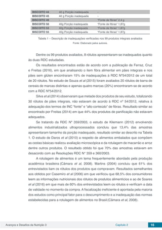 Avanços e Desafios da Nutrição 3 Capítulo 2 16
BISCOITO 44 40 g Porção inadequada -
BISCOITO 45 40 g Porção inadequada -
BISCOITO 49 - “Fonte de fibras” 2,4 g
BISCOITO 50 40g Porção inadequada “Fonte de fibras” 1,87g
BISCOITO 53 40g Porção inadequada “Fonte de fibras” 1,87g
BISCOITO 55 40g Porção inadequada “Fonte de fibras” 1,87g
Tabela 1 – Descrição de inadequações verificadas nos 99 produtos integrais avaliados
Fonte: Elaborado pelos autores.
Dentre os 99 produtos avaliados, 8 rótulos apresentaram-se inadequados quanto
às duas RDC estudadas.
Os resultados encontrados estão de acordo com a publicação de Ferraz, Cruz
e Freitas (2016), em que analisando o item fibra alimentar em pães integrais e nos
pães sem glúten encontraram 15% de inadequações à RDC Nº54/2012 de um total
de 20 rótulos. No estudo de Souza et al (2015) foram avaliados 20 rótulos de barra de
cereais de marcas distintas e apenas quatro marcas (20%) encontraram-se de acordo
com a RDC Nº54/2012.
Silva et al (2014) observaram que metade dos produtos de seu estudo, totalizando
30 rótulos de pães integrais, não estavam de acordo à RDC nº 54/2012, relativa à
adequação dos termos de INC “fonte” e “alto conteúdo” de fibras. Resultado similar ao
encontrado por Freitas (2014) em que 44% dos produtos de panificação não estavam
adequados.
Se tratando da RDC Nº 359/2003, o estudo de Kliemann (2012) envolvendo
alimentos industrializados ultraprocessados concluiu que 13,4% das amostras
apresentaram tamanho da porção inadequado, resultado similar ao descrito na Tabela
1. O estudo de Daros et al (2010) a respeito de alimentos embalados que compõem
as cestas básicas realizou avaliação microscópica e da rotulagem de macarrão e arroz
dentre outros produtos. O resultado obtido foi que 70% das amostras estavam em
desacordo com as Resoluções RDC N° 359 e 360/2003. 	
A rotulagem de alimentos é um tema frequentemente abordado pela produção
acadêmica brasileira (Câmara et al, 2008). Martins (2004) concluiu que 61% dos
entrevistados liam os rótulos dos produtos que compravam. Resultados semelhantes
aos obtidos por Casemiro et al (2006) em que verificou que 68,5% dos consumidores
leem as informações nutricionais dos rótulos de produtos alimentícios e ao de Soares
et al (2016) em que mais de 60% dos entrevistados leem os rótulos e verificam a data
de validade no momento da compra. A fiscalização ineficiente é apontada pela maioria
dos estudos como principal fator para o descumprimento e a inadequação das normas
estabelecidas para a rotulagem de alimentos no Brasil (Câmara et al, 2008).
	
 