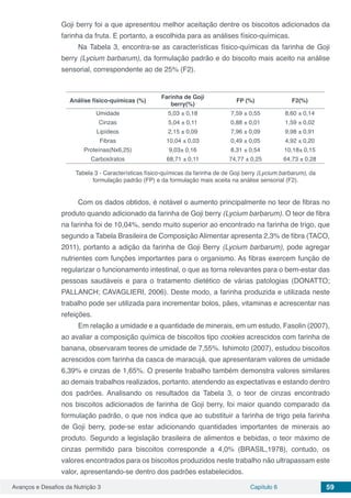 Avanços e Desafios da Nutrição 3 Capítulo 6 59
Goji berry foi a que apresentou melhor aceitação dentre os biscoitos adicionados da
farinha da fruta. E portanto, a escolhida para as análises físico-químicas.
Na Tabela 3, encontra-se as características físico-químicas da farinha de Goji
berry (Lycium barbarum), da formulação padrão e do biscoito mais aceito na análise
sensorial, correspondente ao de 25% (F2).
Análise físico-químicas (%)
Farinha de Goji
berry(%)
FP (%) F2(%)
Umidade 5,03 ± 0,18 7,59 ± 0,55 8,60 ± 0,14
Cinzas 5,04 ± 0,11 0,88 ± 0,01 1,59 ± 0,02
Lipídeos 2,15 ± 0,09 7,96 ± 0,09 9,98 ± 0,91
Fibras 10,04 ± 0,03 0,49 ± 0,05 4,92 ± 0,20
Proteínas(Nx6,25) 9,03± 0,16 8,31 ± 0,54 10,18± 0,15
Carboidratos 68,71 ± 0,11 74,77 ± 0,25 64,73 ± 0,28
Tabela 3 - Características físico-químicas da farinha de de Goji berry (Lycium barbarum), da
formulação padrão (FP) e da formulação mais aceita na análise sensorial (F2).
Com os dados obtidos, é notável o aumento principalmente no teor de fibras no
produto quando adicionado da farinha de Goji berry (Lycium barbarum). O teor de fibra
na farinha foi de 10,04%, sendo muito superior ao encontrado na farinha de trigo, que
segundo a Tabela Brasileira de Composição Alimentar apresenta 2,3% de fibra (TACO,
2011), portanto a adição da farinha de Goji Berry (Lycium barbarum), pode agregar
nutrientes com funções importantes para o organismo. As fibras exercem função de
regularizar o funcionamento intestinal, o que as torna relevantes para o bem-estar das
pessoas saudáveis e para o tratamento dietético de várias patologias (DONATTO;
PALLANCH; CAVAGLIERI, 2006). Deste modo, a farinha produzida e utilizada neste
trabalho pode ser utilizada para incrementar bolos, pães, vitaminas e acrescentar nas
refeições.
Em relação a umidade e a quantidade de minerais, em um estudo, Fasolin (2007),
ao avaliar a composição química de biscoitos tipo cookies acrescidos com farinha de
banana, observaram teores de umidade de 7,55%. Ishimoto (2007), estudou biscoitos
acrescidos com farinha da casca de maracujá, que apresentaram valores de umidade
6,39% e cinzas de 1,65%. O presente trabalho também demonstra valores similares
ao demais trabalhos realizados, portanto, atendendo as expectativas e estando dentro
dos padrões. Analisando os resultados da Tabela 3, o teor de cinzas encontrado
nos biscoitos adicionados de farinha de Goji berry, foi maior quando comparado da
formulação padrão, o que nos indica que ao substituir a farinha de trigo pela farinha
de Goji berry, pode-se estar adicionando quantidades importantes de minerais ao
produto. Segundo a legislação brasileira de alimentos e bebidas, o teor máximo de
cinzas permitido para biscoitos corresponde a 4,0% (BRASIL,1978), contudo, os
valores encontrados para os biscoitos produzidos neste trabalho não ultrapassam este
valor, apresentando-se dentro dos padrões estabelecidos.
 