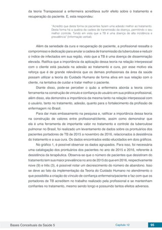 Bases Conceituais da Saúde 5 Capítulo 12 95
da teoria Transpessoal a enfermeira acreditava surtir efeito sobre o tratamento e
recuperação do paciente. E, esta respondeu:
“Acredito que desta forma os pacientes fazem uma adesão melhor ao tratamento.
Desta forma há a quebra da cadeia de transmissão da doença, permitindo o seu
melhor controle. Tendo em vista que a TB é uma doença de alta incidência e
prevalência” (Informação verbal).
Além da seriedade da cura e recuperação do paciente, a profissional ressalta o
compromisso e dedicação para anular a cadeia de transmissão da tuberculose e reduzir
o índice de infectados em sua região, visto que a TB é uma doença de disseminação
elevada. Ratifica que a importância da aplicação dessa teoria na relação interpessoal
com o cliente está pautada na adesão ao tratamento e cura, por esse motivo ela
reforça que é de grande relevância que os demais profissionais da área da saúde
possam utilizar a teoria do Cuidado Humano de forma ativa em sua relação com o
cliente, na tentativa de cuidar e tratar melhor o paciente.
Diante disso, pode-se perceber o quão a enfermeira aborda a teoria como
ferramenta na construção de vinculo e confiança do usuário em sua prática profissional,
além disso, ela demonstra a importância da mesma tanto na relação interpessoal com
o usuário, tanto no tratamento, adesão, quanto para o fortalecimento da profissão de
enfermagem no Brasil.
Para dar mais embasamento na pesquisa e, ratificar a importância dessa teoria
na construção de valores entre profissional/cliente, assim como demonstrar que
ela é uma ferramenta de importante valor no tratamento e controle da tuberculose
pulmonar no Brasil, foi realizado um levantamento de dados sobre os prontuários dos
pacientes portadores de TB de 2015 a novembro de 2016, relacionados à desistência
do tratamento e a sua cura. Os dados encontrados estão elucidados em dois gráficos.
No gráfico 1, é possível observar os dados agrupados. Para isso, foi necessária
uma catalogação dos prontuários dos pacientes no ano de 2015 e 2016, referente à
desistência da terapêutica. Observa-se que o número de pacientes que desistiram do
tratamento tem sua maior prevalência no ano de 2015 do que em 2016, respectivamente
nove (9) e três (3), é possível notar um decrescimento do número de abandono. Isso
se deve ao fato da implementação da Teoria do Cuidado Humano no atendimento o
que possibilita a criação do vínculo de confiança enfermeira/paciente e faz com que os
portadores de TB acreditem no trabalho realizado pela profissional e se mantenham
confiantes no tratamento, mesmo sendo longo e possuindo tantos efeitos adversos.
 