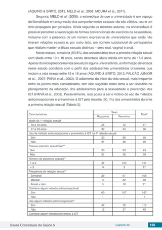 Bases Conceituais da Saúde 5 Capítulo 20 156
(AQUINO & BRITO, 2012; MELO et al., 2008; MOURA et al., 2011).
Segundo MELO et al. (2008), o estereótipo de que a universidade é um espaço
de liberalidade e transgressão dos comportamentos sexuais não são válidos. Isso é um
mito propagado por gerações. Ainda segundo os mesmos autores, na universidade é
possível perceber a valorização de formas convencionais de exercício da sexualidade,
inclusive com a presença de um número expressivo de universitários que ainda não
tiveram relações sexuais e, por outro lado, um número substancial de participantes
que relatam manter práticas sexuais distintas – sexo oral, vaginal e anal.
Neste estudo, a maioria (59,5%) dos universitários teve a primeira relação sexual
com idade entre 10 e 16 anos, sendo detectada idade média em torno de 15,5 anos.
Apesardoinícioprecocenavidasexualporalgunsuniversitários,ainformaçãodetectada
neste estudo corrobora com o perfil dos adolescentes universitários brasileiros que
iniciam a vida sexual entre 15 e 18 anos (AQUINO & BRITO, 2012; FALCÃO JÚNIOR
et al., 2007; PAIVA et al., 2003). O adiamento do início da vida sexual, mais frequente
entre os jovens mais escolarizados, tem sido sugerido como tema a ser discutido no
planejamento da educação dos adolescentes para a sexualidade e prevenção das
IST (PAIVA et al., 2003). Possivelmente, isso possa a ser o motivo do uso de métodos
anticoncepcionais e preventivos à IST pela maioria (60,1%) dos universitários durante
a primeira relação sexual (Tabela 3).
Características
Sexo
Total*
Masculino Feminino
Idade da 1a
relação sexual
10 a 16 anos 25 72 97
17 a 33 anos 32 34 66
Uso de método anticoncepcional e preventivo à IST na 1a
relação sexual
Sim 30 69 99
Não 31 38 69
Possuiu parceiro sexual fixo**
Sim 30 63 93
Não 31 38 69
Número de parceiros sexuais**
1 a 3 47 104 151
+ 3 14 3 17
Frequência de relação sexual**
Semanal 39 67 106
Mensal 17 22 39
Anual + raro 5 16 21
Conhece algum método anticoncepcional
Sim 60 107 167
Não 1 - 1
Usa algum método anticoncepcional**
Sim 42 70 112
Não 12 37 49
Conhece algum método preventivo à IST
 