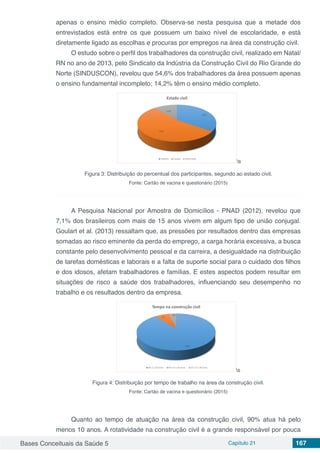 Bases Conceituais da Saúde 5 Capítulo 21 167
apenas o ensino médio completo. Observa-se nesta pesquisa que a metade dos
entrevistados está entre os que possuem um baixo nível de escolaridade, e está
diretamente ligado as escolhas e procuras por empregos na área da construção civil.
O estudo sobre o perfil dos trabalhadores da construção civil, realizado em Natal/
RN no ano de 2013, pelo Sindicato da Indústria da Construção Civil do Rio Grande do
Norte (SINDUSCON), revelou que 54,6% dos trabalhadores da área possuem apenas
o ensino fundamental incompleto; 14,2% têm o ensino médio completo.
s
Figura 3: Distribuição do percentual dos participantes, segundo ao estado civil.
Fonte: Cartão de vacina e questionário (2015)
A Pesquisa Nacional por Amostra de Domicílios - PNAD (2012), revelou que
7,1% dos brasileiros com mais de 15 anos vivem em algum tipo de união conjugal.
Goulart et al. (2013) ressaltam que, as pressões por resultados dentro das empresas
somadas ao risco eminente da perda do emprego, a carga horária excessiva, a busca
constante pelo desenvolvimento pessoal e da carreira, a desigualdade na distribuição
de tarefas domésticas e laborais e a falta de suporte social para o cuidado dos filhos
e dos idosos, afetam trabalhadores e famílias. E estes aspectos podem resultar em
situações de risco a saúde dos trabalhadores, influenciando seu desempenho no
trabalho e os resultados dentro da empresa.
s
Figura 4: Distribuição por tempo de trabalho na área da construção civil.
Fonte: Cartão de vacina e questionário (2015)
Quanto ao tempo de atuação na área da construção civil, 90% atua há pelo
menos 10 anos. A rotatividade na construção civil é a grande responsável por pouca
 