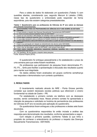 140
Para a coleta de dados foi elaborado um questionário (Tabela 1) com
questões abertas, considerando que, segundo Marconi & Lakatos (1999),
nesse tipo de questionário o entrevistado pode responder de forma
espontânea, pois não existem categorias preestabelecidas.
Tabela 1. Questionário para os professores de Ciências do 8º ano sobre as doenças
sexualmente transmissíveis.
QUESTIONÁRIO PARA OS PROFESSORES DE CIÊNCIAS DO 8º ANO SOBRE AS DST/AIDS
Nr Questão
1 O que entente a respeito das Doenças Sexualmente Transmissíveis (DST)/AIDS?
2 2. Como se sente ao/para trabalhar sobre as DST/AIDS?
3 Quais as suas dúvidas e dificuldades ao trabalhar sobre as DST/AIDS?
4 Existe algum obstáculo (pessoal, físico, de gestão, psiquico) ao trabalhar DST/AIDS na escola?
5 O que julga necessário para a melhoria do trabalho docente em relação as DST/AIDS?
6 Como você aborda o tema DST/AIDS em suas aulas e a partir de qual conteúdo? Ou não aborda o
assunto?
7 Qual a sua percepção em relação ao entendimento dos alunos sobre DST/AIDS
8 Quais as dúvidas mais comuns que surgem dos alunos a respeito das DST/AIDS?
9 Qual o tipo de abordagem sobre as DST/AIDS, você acharia mais eficaz?
10 Você usaria materiais alternativos, sequencias didáticas, apostilas, etc..., que abordassem
diretamente esse tema?
11 Por gentileza, dê sua opinião a respeito desta pesquisa.
Fonte: Autoria Própria (2016).
O questionário foi entregue pessoalmente e foi estabelecido o prazo de
uma semana para que estes fossem recolhidos.
Os professores que participaram da pesquisa foram denominados P1,
P2, P3..., tanto para facilitar a apresentação e discussão dos resultados quanto
para manter sua integridade.
Os dados obtidos foram analisados em grupos conforme semelhança
nas respostas e demonstrados num contexto quantitativo.
3. RESULTADOS
O levantamento realizado através do NRE - Ponta Grossa permitiu
constatar que existem dezesseis escolas públicas que oferencem o ensino
fundamental na cidade de Castro – PR.
Foi estabelecido o primeiro contato via telefone com as dezesseis
escolas, sendo contactadas treze. Nesse primeiro contato foi apresentada a
intenção da pesquisa e solicitado os horários de permanência dos professores
de Ciências do 8º ano na escola para aplicação do questionário.
Os questionários foram entregues a dez professores e destes sete foram
devolvidos.
Com os questionários respondidos foi então iniciada a análise das
respostas para demonstração dos resultados, conforme apresentados a seguir.
Com relação à primeira questão, (conforme Tabela 2) que tinha o
propósito de conhecer o entendimento do professor a respeito das Doenças
Sexualmente Transmissíveis - DST/AIDS.
 