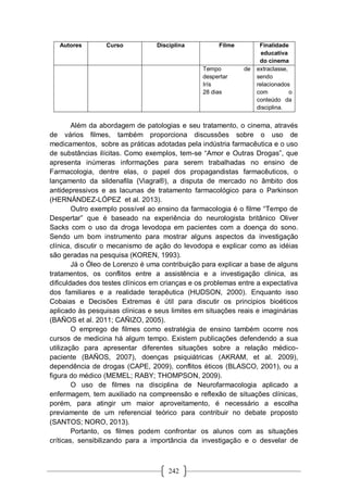 242
Autores Curso Disciplina Filme Finalidade
educativa
do cinema
Tempo de
despertar
Irís
28 dias
extraclasse,
sendo
relacionados
com o
conteúdo da
disciplina.
Além da abordagem de patologias e seu tratamento, o cinema, através
de vários filmes, também proporciona discussões sobre o uso de
medicamentos, sobre as práticas adotadas pela indústria farmacêutica e o uso
de substâncias ilícitas. Como exemplos, tem-se “Amor e Outras Drogas”, que
apresenta inúmeras informações para serem trabalhadas no ensino de
Farmacologia, dentre elas, o papel dos propagandistas farmacêuticos, o
lançamento da sildenafila (Viagra®), a disputa de mercado no âmbito dos
antidepressivos e as lacunas de tratamento farmacológico para o Parkinson
(HERNÁNDEZ-LÓPEZ et al. 2013).
Outro exemplo possível ao ensino da farmacologia é o filme “Tempo de
Despertar” que é baseado na experiência do neurologista britânico Oliver
Sacks com o uso da droga levodopa em pacientes com a doença do sono.
Sendo um bom instrumento para mostrar alguns aspectos da investigação
clínica, discutir o mecanismo de ação do levodopa e explicar como as idéias
são geradas na pesquisa (KOREN, 1993).
Já o Óleo de Lorenzo é uma contribuição para explicar a base de alguns
tratamentos, os conflitos entre a assistência e a investigação clinica, as
dificuldades dos testes clínicos em crianças e os problemas entre a expectativa
dos familiares e a realidade terapêutica (HUDSON, 2000). Enquanto isso
Cobaias e Decisões Extremas é útil para discutir os principios bioéticos
aplicado às pesquisas clínicas e seus limites em situações reais e imaginárias
(BAÑOS et al. 2011; CAÑIZO, 2005).
O emprego de filmes como estratégia de ensino também ocorre nos
cursos de medicina há algum tempo. Existem publicações defendendo a sua
utilização para apresentar diferentes situações sobre a relação médico-
paciente (BAÑOS, 2007), doenças psiquiátricas (AKRAM, et al. 2009),
dependência de drogas (CAPE, 2009), conflitos éticos (BLASCO, 2001), ou a
figura do médico (MEMEL; RABY; THOMPSON, 2009).
O uso de filmes na disciplina de Neurofarmacologia aplicado a
enfermagem, tem auxiliado na compreensão e reflexão de situações clínicas,
porém, para atingir um maior aproveitamento, é necessário a escolha
previamente de um referencial teórico para contribuir no debate proposto
(SANTOS; NORO, 2013).
Portanto, os filmes podem confrontar os alunos com as situações
críticas, sensibilizando para a importância da investigação e o desvelar de
 