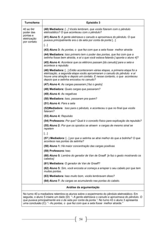 54
Turno/tema Episódio 3
40 ao 64/
poder das
pontas e
eletrização
por contato
(40) Mediadora: [...] Vocês lembram, que vocês fizeram com o pêndulo
eletrostático? O que aconteceu com o pêndulo?
(41) Aluno 5: A gente eletrizava o canudo e aproximava do pêndulo. O que
puxava principalmente era o da seta por conta da ponta [...]
[...]
(43) Aluno 3: As pontas, o que fez com que a seta fosse melhor atraída
(44) Mediadora: Isso primeiro tem o poder das pontas, que fez com que a
setinha fosse bem atraída, e aí o que você estava falando [ aponta o aluno 4]?
(45) Aluno 4: Acontece que os elétrons passam [do canudo] para a seta e
acontece a repulsão
(46) Mediadora: [...] Então aconteceram várias etapas, a primeira etapa foi a
eletrização, a segunda etapa vocês aproximaram o canudo do pêndulo e aí
houve uma atração e depois um contato. E nesse contanto, o que aconteceu
depois que a setinha encostou no canudo?
(47) Aluno 4: As cargas passaram [ faz o gesto]
(48) Mediadora: Quais cargas que passaram?
(49) Aluno 4: As negativas
(50) Mediadora: Isso, passaram pra quem?
(51) Aluno 4: Para a seta
(52)Mediadora: Isso para o pêndulo, e aconteceu o que no final que vocês
falaram?
(53) Aluno 4: Repulsão
(54) Professora: Por que? Qual é o conceito físico para explicação da repulsão?
(55) Aluno 2: Por que os opostos se atraem e cargas de mesmo sinal se
repelem
[...]
(57 ) Mediadora: [...] por que a setinha se atrai melhor do que a bolinha? O que
acontece nas pontas da setinha?
(58) Aluno 1: Há maior concentração das cargas positivas
(59) Professora: Isso
(60) Aluno 5: Lembra do gerador de Van de Graaff [e faz o gesto mostrando os
cabelos]
(61) Mediadora: O gerador de Van de Graaff?
(62) Aluno 5: Sim, você encosta aí começa a arrepiar o seu cabelo por que tem
muitas pontas.
(63) Mediadora: Isso muito bom, vocês lembravam disso?
(64) Aluno 7: As cargas se acumulando nas pontas do cabelo.
Análise da argumentação
No turno 40 a mediadora relembra os alunos sobre o experimento do pêndulo eletrostático. Em
seguida, o aluno 5 insere um dado (D): “- A gente eletrizava o canudo e aproximava do pêndulo. O
que puxava principalmente era o da seta por conta da ponta.”. No turno 43 o aluno 3 apresenta
uma conclusão (C): “- As pontas, o que fez com que a seta fosse melhor atraída.”
 