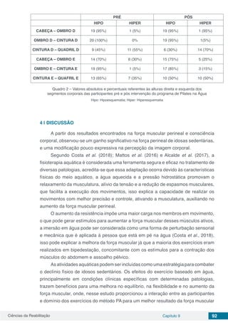 Ciências da Reabilitação Capítulo 9 92
PRÉ PÓS
HIPO HIPER HIPO HIPER
CABEÇA – OMBRO D 19 (95%) 1 (5%) 19 (95%) 1 (95%)
OMBRO D – CINTURA D 20 (100%) 0% 19 (95%) 1(5%)
CINTURA D – QUADRIL D 9 (45%) 11 (55%) 6 (30%) 14 (70%)
CABEÇA – OMBRO E 14 (70%) 6 (30%) 15 (75%) 5 (25%)
OMBRO E – CINTURA E 19 (95%) 1 (5%) 17 (85%) 3 (15%)
CINTURA E – QUAFRIL E 13 (65%) 7 (35%) 10 (50%) 10 (50%)
Quadro 2 – Valores absolutos e percentuais referentes às alturas direita e esquerda dos
segmentos corporais das participantes pré e pós intervenção do programa de Pilates na Água
Hipo: Hipoesquematia; Hiper: Hiperesquematia
4 | 	DISCUSSÃO
A partir dos resultados encontrados na força muscular perineal e consciência
corporal, observou-se um ganho significativo na força perineal de idosas sedentárias,
e uma modificação pouco expressiva na percepção da imagem corporal.
Segundo Costa et al. (2018); Mattos et al. (2016) e Alcalde et al. (2017), a
fisioterapia aquática é considerada uma ferramenta segura e eficaz no tratamento de
diversas patologias, acredita-se que essa adaptação ocorra devido às características
físicas do meio aquático, a água aquecida e a pressão hidrostática promovam o
relaxamento da musculatura, alívio da tensão e a redução de espasmos musculares,
que facilita a execução dos movimentos, isso explica a capacidade de realizar os
movimentos com melhor precisão e controle, ativando a musculatura, auxiliando no
aumento da força muscular perineal.
O aumento da resistência impõe uma maior carga nos membros em movimento,
o que pode gerar estímulos para aumentar a força muscular desses músculos ativos,
a imersão em água pode ser considerada como uma forma de perturbação sensorial
e mecânica que é aplicada à pessoa que está em pé na água (Costa et al., 2018),
isso pode explicar a melhora da força muscular já que a maioria dos exercícios eram
realizados em bipedestação, concomitante com os estímulos para a contração dos
músculos do abdomem e assoalho pélvico.
As atividades aquáticas podem ser incluídas como uma estratégia para combater
o declínio físico de idosos sedentários. Os efeitos do exercício baseado em água,
principalmente em condições clínicas específicas com determinadas patologias,
trazem benefícios para uma melhora no equilíbrio, na flexibilidade e no aumento da
força muscular, onde, nesse estudo proporcionou a interação entre as participantes
e domínio dos exercícios do método PA para um melhor resultado da força muscular
 