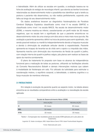 Ciências da Reabilitação Capítulo 1 4
e lateralidade. Além de utilizar as escalas em questão, a avaliação baseou-se na
ficha de avaliação do estágio de neurologia infantil, que aborda as tarefas funcionais
relacionadas ao desenvolvimento motor e possibilita-nos identificar qual a tarefa ou
postura o paciente não desenvolveu, ou não realiza perfeitamente, supondo uma
falha ao longo do seu desenvolvimento motor.
Os dados avaliativos levaram ao diagnóstico fisioterapêutico de Paralisia
Cerebral Diplégica Espástica classificada como nível II na escala GMFSC e
classificada como nível I na escala MACS. Na escala de desenvolvimento motor
(EDM), o mesmo mostrou-se inferior, caracterizando um perfil motor de 30 meses
negativos, que na escala tem o significado de que a paciente encontra-se no
desenvolvimento motor de uma criança com dois anos e meio mais nova que ela. Na
avaliação a paciente apresentou déficit na troca de postura para semi-ajoelhado, não
sendo possível realizar ou mantê-la independentemente devido a fraqueza muscular
e devido à diminuição da amplitude articular devido à espasticidade. Paciente
apresenta-se incapaz de levantar-se do chão sem o apoio e a impulsão das mãos.
Apresenta marcha com diminuição dos movimentos de flexão de quadril e joelho;
com rotação interna de quadril e joelhos valgos; pés planos sem realizar as fases de
apoio da marcha corretamente.
O plano de tratamento foi proposto com base no alcance da independência
funcional para a realização de todas as posturas, utilizando as facilitações através
do Conceito Neuroevolutivo Bobath e demais intervenções motoras que cabem
à modalidade de fisioterapia em solo. Foi utilizado da ludicidade para estimular a
coordenação motora, o equilíbrio corporal, a lateralidade, o sistema cognitivo e a
força muscular de membros inferiores.  
3 | 	RESULTADOS
Em relação à evolução da paciente quanto ao aspecto motor, na tabela abaixo
encontra-se os resultados comparativos entre a avaliação e a reavaliação da escala
aplicada:
Escala de Desenvolvimento Motor (EDM)
AVALIAÇÃO REAVALIAÇÃO
IC 80 meses 80 meses
IMG 50 meses 60 meses
IP/IN -30 meses -20 meses
Tabela 1. Comparação dos resultados gerais da escala EDM aplicada pré e pós plano de
tratamento.
Legenda: IC: Idade cronológica; IMG: Idade Motora Geral; IP/IN: Idade Positiva/Idade Negativa
Fonte: Elaborada pelo autor.
 