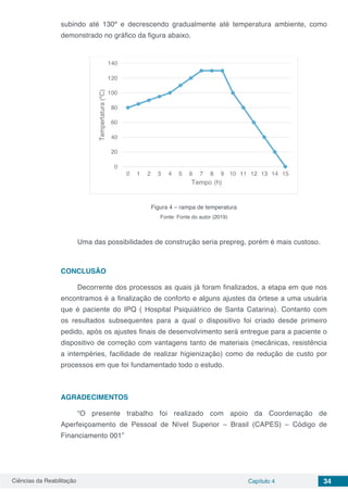 Ciências da Reabilitação Capítulo 4 34
subindo até 130º e decrescendo gradualmente até temperatura ambiente, como
demonstrado no gráfico da figura abaixo.
Figura 4 – rampa de temperatura
Fonte: Fonte do autor (2019)
Uma das possibilidades de construção seria prepreg, porém é mais custoso.
CONCLUSÃO
Decorrente dos processos as quais já foram finalizados, a etapa em que nos
encontramos é a finalização de conforto e alguns ajustes da órtese a uma usuária
que é paciente do IPQ ( Hospital Psiquiátrico de Santa Catarina). Contanto com
os resultados subsequentes para a qual o dispositivo foi criado desde primeiro
pedido, após os ajustes finais de desenvolvimento será entregue para a paciente o
dispositivo de correção com vantagens tanto de materiais (mecânicas, resistência
a intempéries, facilidade de realizar higienização) como de redução de custo por
processos em que foi fundamentado todo o estudo.
AGRADECIMENTOS
“O presente trabalho foi realizado com apoio da Coordenação de
Aperfeiçoamento de Pessoal de Nível Superior – Brasil (CAPES) – Código de
Financiamento 001”
 
