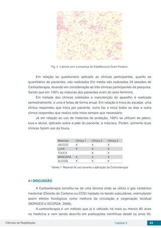 Ciências da Reabilitação Capítulo 5 41
Fig. 2 –Lâmina com a presença de Estafilococos Gram Positivo.
Em relação ao questionário aplicado as clínicas participantes, quanto ao
quantitativo de pacientes, são realizados Em média são realizadas 34 sessões de
Carboxiterapia, levando em consideração as três clínicas participantes da pesquisa.
Sendo que em 100% as maiorias dos pacientes eram do sexo feminino.
Em metade das clínicas coletadas a manutenção do aparelho é realizada
semestralmente, e uma é feitas de forma anual. Em relação à troca do escalpe, uma
clínica respondeu que troca por paciente, outra faz a troca todos os dias e outra
clínica respondeu que realiza esta troca sempre que necessário.
Já em relação ao uso de materiais de proteção, 100% se utilizam de jaleco,
luva e álcool, aplicado sobre a pele do paciente, e máscara. Porém, somente duas
clínicas fazem uso da touca.
Materiais Clínica 1 Clínica 2 Clínica 3
JALECO X X X
LUVA X X X
TOUCA X X
MÁSCARA X X X
ÁLCOOL X X X
Tabela 1: Material de uso durante a aplicação da Carboxiterapia
4 | 	DISCUSSÃO
A Carboxiterapia constitui-se de uma técnica onde se utiliza o gás carbônico
medicinal (Dióxido de Carbono ou CO2) injetado no tecido subcutâneo, estimulando
assim efeitos fisiológicos como melhora da circulação e oxigenação tecidual
(BORGES e SCORZA, 2008).
A carboxiterapia é um método que já é utilizado há mais ou menos 80 anos
na medicina e vem sendo descrito em publicações científicas desde os anos 50.
 