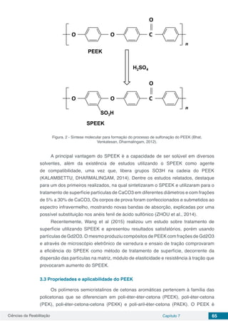 Ciências da Reabilitação Capítulo 7 65
Figura. 2 - Síntese molecular para formação do processo de sulfonação do PEEK (Bhat,
Venkatesan, Dharmalingam, 2012).
A principal vantagem do SPEEK é a capacidade de ser solúvel em diversos
solventes, além da existência de estudos utilizando o SPEEK como agente
de compatibilidade, uma vez que, libera grupos SO3H na cadeia do PEEK
(KALAMBETTU, DHARMALINGAM, 2014). Dentre os estudos relatados, destaque
para um dos primeiros realizados, na qual sintetizaram o SPEEK e utilizaram para o
tratamento de superfície partículas de CaCO3 em diferentes diâmetros e com frações
de 5% a 30% de CaCO3, Os corpos de prova foram confeccionados e submetidos ao
espectro infravermelho, mostrando novas bandas de absorção, explicadas por uma
possível substituição nos anéis fenil de ácido sulfônico (ZHOU et al., 2014).
Recentemente, Wang et al (2015) realizou um estudo sobre tratamento de
superfície utilizando SPEEK e apresentou resultados satisfatórios, porém usando
partículas de Gd2O3. O mesmo produziu compósitos de PEEK com frações de Gd2O3
e através de microscópio eletrônico de varredura e ensaio de tração comprovaram
a eficiência do SPEEK como método de tratamento de superfície, decorrente da
dispersão das partículas na matriz, módulo de elasticidade e resistência à tração que
provocaram aumento do SPEEK.
3.3	Propriedades e aplicabilidade do PEEK
Os polímeros semicristalinos de cetonas aromáticas pertencem à família das
policetonas que se diferenciam em poli-éter-éter-cetona (PEEK), poli-éter-cetona
(PEK), poli-éter-cetona-cetona (PEKK) e poli-aril-éter-cetona (PAEK). O PEEK é
 