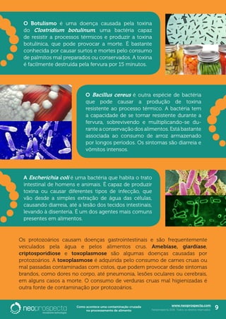 www.neoprospecta.com
Neoprospecta 2016. Todos os direitos reservados. 9Como acontece uma contaminação cruzada
no processamento de alimento
Contaminação cruzadaO Botulismo é uma doença causada pela toxina
do Clostridium botulinum, uma bactéria capaz
de resistir a processos térmicos e produzir a toxina
botulínica, que pode provocar a morte. É bastante
conhecida por causar surtos e mortes pelo consumo
de palmitos mal preparados ou conservados. A toxina
é facilmente destruída pela fervura por 15 minutos.
O Bacillus cereus é outra espécie de bactéria
que pode causar a produção de toxina
resistente ao processo térmico. A bactéria tem
a capacidade de se tornar resistente durante a
fervura, sobrevivendo e multiplicando-se du-
rante a conservação dos alimentos. Está bastante
associada ao consumo de arroz armazenado
por longos períodos. Os sintomas são diarreia e
vômitos intensos.
A Escherichia coli é uma bactéria que habita o trato
intestinal de homens e animais. É capaz de produzir
toxina ou causar diferentes tipos de infecção, que
vão desde a simples extração de água das células,
causando diarreia, até a lesão dos tecidos intestinais,
levando à disenteria. É um dos agentes mais comuns
presentes em alimentos.
Os protozoários causam doenças gastrointestinais e são frequentemente
veiculados pela água e pelos alimentos crus. Amebíase, giardíase,
criptosporidiose e toxoplasmose são algumas doenças causadas por
protozoários. A toxoplasmose é adquirida pelo consumo de carnes cruas ou
mal passadas contaminadas com cistos, que podem provocar desde sintomas
brandos, como dores no corpo, até pneumonia, lesões oculares ou cerebrais,
em alguns casos a morte. O consumo de verduras cruas mal higienizadas é
outra fonte de contaminação por protozoários.
 