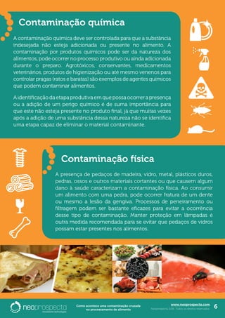 www.neoprospecta.com
Neoprospecta 2016. Todos os direitos reservados. 6Como acontece uma contaminação cruzada
no processamento de alimento
A contaminação química deve ser controlada para que a substância
indesejada não esteja adicionada ou presente no alimento. A
contaminação por produtos químicos pode ser da natureza dos
alimentos, pode ocorrer no processo produtivo ou ainda adicionada
durante o preparo. Agrotóxicos, conservantes, medicamentos
veterinários, produtos de higienização ou até mesmo venenos para
controlar pragas (ratos e baratas) são exemplos de agentes químicos
que podem contaminar alimentos.
Aidentificaçãodaetapaprodutivaemquepossaocorrerapresença
ou a adição de um perigo químico é de suma importância para
que este não esteja presente no produto final, já que muitas vezes
após a adição de uma substância dessa natureza não se identifica
uma etapa capaz de eliminar o material contaminante.
Contaminação química
Contaminação física
A presença de pedaços de madeira, vidro, metal, plásticos duros,
pedras, ossos e outros materiais cortantes ou que causem algum
dano à saúde caracterizam a contaminação física. Ao consumir
um alimento com uma pedra, pode ocorrer fratura de um dente
ou mesmo a lesão da gengiva. Processos de peneiramento ou
filtragem podem ser bastante eficazes para evitar a ocorrência
desse tipo de contaminação. Manter proteção em lâmpadas é
outra medida recomendada para se evitar que pedaços de vidros
possam estar presentes nos alimentos.
 