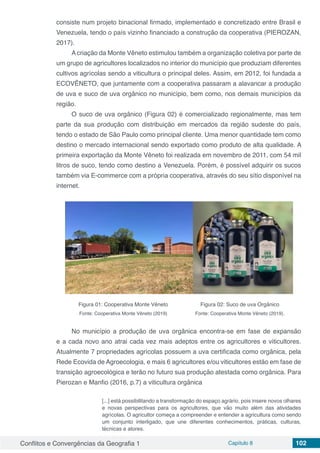 Conflitos e Convergências da Geografia 1 Capítulo 8 102
consiste num projeto binacional firmado, implementado e concretizado entre Brasil e
Venezuela, tendo o país vizinho financiado a construção da cooperativa (PIEROZAN,
2017).
A criação da Monte Vêneto estimulou também a organização coletiva por parte de
um grupo de agricultores localizados no interior do município que produziam diferentes
cultivos agrícolas sendo a viticultura o principal deles. Assim, em 2012, foi fundada a
ECOVÊNETO, que juntamente com a cooperativa passaram a alavancar a produção
de uva e suco de uva orgânico no município, bem como, nos demais municípios da
região.
O suco de uva orgânico (Figura 02) é comercializado regionalmente, mas tem
parte da sua produção com distribuição em mercados da região sudeste do país,
tendo o estado de São Paulo como principal cliente. Uma menor quantidade tem como
destino o mercado internacional sendo exportado como produto de alta qualidade. A
primeira exportação da Monte Vêneto foi realizada em novembro de 2011, com 54 mil
litros de suco, tendo como destino a Venezuela. Porém, é possível adquirir os sucos
também via E-commerce com a própria cooperativa, através do seu sítio disponível na
internet.
Figura 01: Cooperativa Monte Vêneto
Fonte: Cooperativa Monte Vêneto (2019)
Figura 02: Suco de uva Orgânico
Fonte: Cooperativa Monte Vêneto (2019).
No município a produção de uva orgânica encontra-se em fase de expansão
e a cada novo ano atrai cada vez mais adeptos entre os agricultores e viticultores.
Atualmente 7 propriedades agrícolas possuem a uva certificada como orgânica, pela
Rede Ecovida de Agroecologia, e mais 6 agricultores e/ou viticultores estão em fase de
transição agroecológica e terão no futuro sua produção atestada como orgânica. Para
Pierozan e Manfio (2016, p.7) a viticultura orgânica
[...] está possibilitando a transformação do espaço agrário, pois insere novos olhares
e novas perspectivas para os agricultores, que vão muito além das atividades
agrícolas. O agricultor começa a compreender e entender a agricultura como sendo
um conjunto interligado, que une diferentes conhecimentos, práticas, culturas,
técnicas e atores.
 