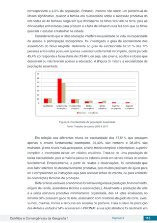 Conflitos e Convergências da Geografia 1 Capítulo 9 116
correspondem a 4,5% da população. Portanto, mesmo não tendo um percentual de
idosos significativo, quando a família era questionada sobre a sucessão produtiva do
lote todas as 46 famílias alegaram que dificilmente os filhos ficariam na terra, pois as
dificuldades enfrentadas para produzir e a falta de infraestrutura faz com que os filhos
queiram ir estudar e trabalhar na cidade.
Considerando que o fator educação interfere na qualidade de vida, na capacidade
de análise e participação sociopolítica, foi investigado o grau de escolaridade dos
assentados do Novo Alegrete. Referente ao grau de escolaridade 67,51 % das 175
pessoas entrevistas possuem apenas o ensino fundamental incompleto, desta parcela
45,4% corresponde a faixa etária de (15-64), ou seja, são jovens, adultos e idosos que
desistiram ou não tiveram acesso a educação. A (Figura 3) mostra a escolaridade da
população assentada.
Figura 3- Escolaridade da população assentada.
Fonte: Trabalho de campo 2015 6 2017
Em relação aos diferentes níveis de escolaridade dos 67,51% que possuem
apenas o ensino fundamental incompleto, 39,43% são homens e 28,08% são
mulheres, já nos níveis mais avançados, ensino médio completo e incompleto, superior
completo e incompleto existe um relativo equilíbrio. Trata-se de uma população de
baixa escolaridade, pois a maioria parou os estudos ainda em séries iniciais do ensino
fundamental. Empiricamente, a partir de relatos e observações, foi constatado que
este fator interfere no desenvolvimento produtivo, pois muitos precisam de ajuda para
ler e compreender as instruções seja para acessar linhas de crédito, ou para entender
as orientações técnicas de produção.
Referenteasvariáveiseconômicasforaminvestigadasa(produção,financiamento,
origem da renda, assistência técnica e associações,). Atualmente a produção de leite
é a única estrutura produtiva minimamente organizada, dos 44 lotes analisados no
mínimo 56% possuem gado de leite, associando com criatórios de gado de corte, aves,
suínos, ovelhas, hortas e lavouras em sistema de parceria. Para custeio da produção
dos 44 lotes visitados 54% acessaram o PRONAF e sua aplicabilidade foi destinada em
 