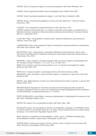 Conflitos e Convergências da Geografia 1 Capítulo 16 204
HARVEY, David. O enigma do capital: e as crises do capitalismo. São Paulo: Boitempo, 2011.
HARVEY, David. Espacios del capital: hacia uma geografia critica. Madird: Akal, 2007.
HARVEY, David. A produção capitalista do espaço. 1a ed. São Paulo: Annablume, 2005.
HARVEY, David. Los límites del capitalismo y la teoría marxista. México D.F.: Fondo de Cultura
Económica. 1990.
LACOSTE, Yves. Geografia do subdesenvolvimento. Difel: São Paulo, 1975
LANDER, Edgardo. Neo-Extractivismo: un modelo de desarrollo controvertido y sus alternativas. In:
Más allá de la sobre explotación. Alternativas latino americanas al extractivismo. Fundación Heinrich
Böll. No 1, septiembre, 2015.
LE BILLON, Philipe. The geopolítics of resource wars. Resource dependence, governance and
violence. Frank Cass, 2005.
LUXEMBURGO, Rosa. A Acumulação do Capital: contribuição ao estudo econômico do imperialismo.
São Paulo: Nova Cultural, 1988.
MALPARTIDA, Javier. ¿Extractivismo o desarrollo? Reflexiones desde Apurímac. Centro Latino
Americano de Ecología Social. Plataforma Transiciones: alternativas al desarrollo. Aportes para las
Transiciones. Peru. 2012.
MARSHALL, Judith. A gigante mineradora brasileira Vale: por trás da imagem de solidariedade Sul-
Sul. Tensões mundiais. Fortaleza. v. 10, no 18, 19, p. 173-230, 2014.
MARX, Karl. O capital: crítica da economia política. Livro I. O processo de produção do capital.
Boitempo: São Paulo, 2013.
MARX, Karl. A origem do capital: a acumulação primitiva. São Paulo: Centauro, 2005.
MÉSZÁROS, István. O desafio e o fardo do tempo histórico: o socialismo no século XXI. São Paulo:
Boitempo, 2007.
MOSCA, João. Mega-projectos no meio rural, desenvolvimento do território e pobreza: o caso de Tete.
Maputo: IESE, 2012.
ORGANIZAÇÕES Integrantes do I Encontro Internacional dos Atingidos pela Vale. Dossiê dos
impactos e violações da Vale no mundo, 2010. Disponível em:http://atingidospelavale.files.wordpress.
com/2010/04/dossie_versaoweb.pdf Acesso em: 12/1/2018.
PORTO-GONÇALVES, Carlos Walter. A natureza da globalização e a globalização da natureza. 6a ed.
São Paulo: civilização brasileira, 2015.
RAFESTTIN, Claude. Por uma geografia do poder. São Paulo: Ática, 1993.
RAFFESTIN, Claude. Uma concepção de território, territorialidade e paisagem. In: PERREIRA, Sílvia
R; COSTA, Benhur P. da; SOUZA, Edson B. C. de (Org). Teorias e práticas territoriais: análise espaço-
temporais. 1a. Ed. São Paulo: Expressão Popular, 2010.
SACK, Robert D. O significado de territorialidade. In: DIAS, Leila C.; FERRARI, Maristela (Org).
Territorialidades humanas e redes sociais. Florianópolis: Insular. 2011.
SANTOS, Milton. A natureza do espaço: Técnica e tempo, razão e emoção. 4a ed. 5a reimpr. São
Paulo: Editora da Universidade de São Paulo, 2009.
 