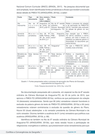 Conflitos e Convergências da Geografia 1 Capítulo 20 237
Nacional Comum Curricular (BNCC) (BRASIL, 2017). Na pesquisa documental que
será ampliada, foram identificadas fontes jornalísticas e oficiais que revelam a exclusão
desse debate do PMEA-TO (ARAGUAÍNA, 2015a), a saber:
Fonte Tipo de
documento
Ano, número,
local, dia,
mês e página
Título Conteúdo
Ata
manuscrita
Ata da 8ª
s e s s ã o
ordinária
Araguaína, 23
de junho de
2015, p.62-72
Ata da 8ª sessão
ordinária da
Câmara Municipal
de Araguaína - TO
Relata o processo de votação
e de aprovação do PMEA-TO
(2015), marcado pela exclusão
do debate de gênero do seu
texto.
Jornal do
Tocantins
M a t é r i a
jornalística
Ano 36, Nº
6486, Palmas,
26 de junho
de 2015, p.7
“Em Araguaína,
PME também
exclui”
Faz menção que o PMEA-
TO (2015) substituiu o termo
gênero, por sexo e excluiu ou
substituiu as palavras gênero e
diversidade no documento por
outros termos.
Jornal do
Tocantins
M a t é r i a
jornalística
Ano 36, Nº
6488, Palmas,
28 de junho
de 2015, p.2
“Araguaína” Diz que o PMEA-TO (2015)
recebeu duas emendas.
Ministério da
Educação
(MEC)
Nota técnica
(NT)
NT, Nº
2 4 / 2 0 1 5 ,
Brasília, 12
de agosto de
2015
“Nota técnica, nº
24/2015[...]”
Reitera a importância dos
conceitos de gênero e
orientação sexual para o
desenvolvimento das políticas
e educacionais e do processo
pedagógico.
Jornal do
Tocantins
M a t é r i a
jornalística
Ano 36,
Nº 6553,
Palmas, 12 de
setembro de
2015, p.6
“ C o n s e l h o
orienta inclusão
de ‘gênero’ em
planos”
Informa que o Conselho
Nacional de Educação (CNE)
recomendou, em nota técnica,
que os planos de educação
sejam revistos para inserirem
a questão de gênero em seu
texto.
Quadro 1- Fontes pesquisadas sobre o processo de aprovação dos Planos de Educação,
especialmente de Araguaína-TO
Fonte: Pesquisa documental/ mar. /2018, Org.: Lima.F.M.
Na documentação pesquisada até o presente, em especial na Ata da 8ª sessão
ordinária da Câmara Municipal de Araguaína-TO, de 23 de junho de 2015, que
aprovou o PMEA-TO (ARAGUAÍNA 2015a), verificou-se que participaram da votação
16 (dezesseis) vereadores/as. Sendo que 08 (oito) vereadores votaram favoráveis à
exclusão da palavra gênero do texto do PMEA-TO (ARAGUAÍNA, 2015a) e 06 (seis)
vereadores/as votaram contrários/as à exclusão da questão de gênero do Plano.
Houve 02 (duas) abstenções: a do vereador presidente da Câmara Municipal e de
outro vereador. Ocorreu também a ausência de 01 (uma) vereadora que justificou sua
ausência (ARAGUAÍNA, 2015b, p. 68).
Identificou-se também na Ata da 8ª sessão ordinária da Câmara Municipal de
Araguaína-TO (ARAGUAÍNA, 2015b), que nesta sessão houve a participação de
religiosos/as: evangélicos e católicos, que pressionaram os/as vereadores/as para que
 