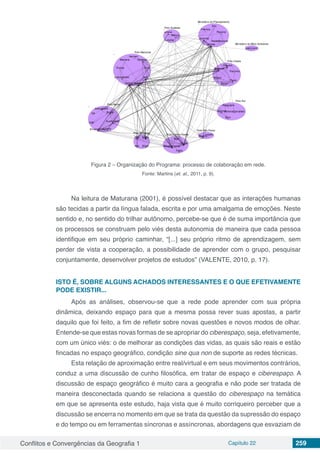 Conflitos e Convergências da Geografia 1 Capítulo 22 259
Figura 2 – Organização do Programa: processo de colaboração em rede.
Fonte: Martins (et. al., 2011, p. 9).
Na leitura de Maturana (2001), é possível destacar que as interações humanas
são tecidas a partir da língua falada, escrita e por uma amalgama de emoções. Neste
sentido e, no sentido do trilhar autônomo, percebe-se que é de suma importância que
os processos se construam pelo viés desta autonomia de maneira que cada pessoa
identifique em seu próprio caminhar, “[...] seu próprio ritmo de aprendizagem, sem
perder de vista a cooperação, a possibilidade de aprender com o grupo, pesquisar
conjuntamente, desenvolver projetos de estudos” (VALENTE, 2010, p. 17).
ISTO É, SOBRE ALGUNS ACHADOS INTERESSANTES E O QUE EFETIVAMENTE
PODE EXISTIR...
Após as análises, observou-se que a rede pode aprender com sua própria
dinâmica, deixando espaço para que a mesma possa rever suas apostas, a partir
daquilo que foi feito, a fim de refletir sobre novas questões e novos modos de olhar.
Entende-se que estas novas formas de se apropriar do ciberespaço, seja, efetivamente,
com um único viés: o de melhorar as condições das vidas, as quais são reais e estão
fincadas no espaço geográfico, condição sine qua non de suporte as redes técnicas.
Esta relação de aproximação entre real/virtual e em seus movimentos contrários,
conduz a uma discussão de cunho filosófica, em tratar de espaço e ciberespaço. A
discussão de espaço geográfico é muito cara a geografia e não pode ser tratada de
maneira desconectada quando se relaciona a questão do ciberespaço na temática
em que se apresenta este estudo, haja vista que é muito corriqueiro perceber que a
discussão se encerra no momento em que se trata da questão da supressão do espaço
e do tempo ou em ferramentas síncronas e assíncronas, abordagens que esvaziam de
 
