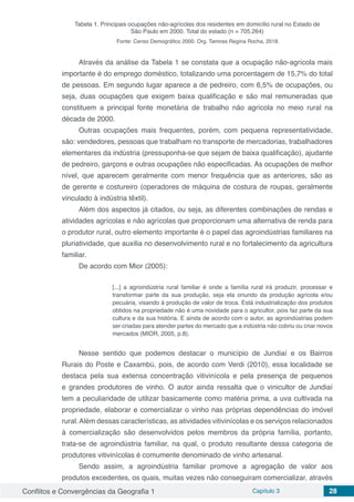 Conflitos e Convergências da Geografia 1 Capítulo 3 28
Tabela 1. Principais ocupações não-agrícolas dos residentes em domicílio rural no Estado de
São Paulo em 2000. Total do estado (n = 705.264)
Fonte: Censo Demográfico 2000. Org. Tamires Regina Rocha, 2018.
Através da análise da Tabela 1 se constata que a ocupação não-agrícola mais
importante é do emprego doméstico, totalizando uma porcentagem de 15,7% do total
de pessoas. Em segundo lugar aparece a de pedreiro, com 6,5% de ocupações, ou
seja, duas ocupações que exigem baixa qualificação e são mal remuneradas que
constituem a principal fonte monetária de trabalho não agrícola no meio rural na
década de 2000.
Outras ocupações mais frequentes, porém, com pequena representatividade,
são: vendedores, pessoas que trabalham no transporte de mercadorias, trabalhadores
elementares da indústria (pressuponha-se que sejam de baixa qualificação), ajudante
de pedreiro, garçons e outras ocupações não especificadas. As ocupações de melhor
nível, que aparecem geralmente com menor frequência que as anteriores, são as
de gerente e costureiro (operadores de máquina de costura de roupas, geralmente
vinculado à indústria têxtil).
Além dos aspectos já citados, ou seja, as diferentes combinações de rendas e
atividades agrícolas e não agrícolas que proporcionam uma alternativa de renda para
o produtor rural, outro elemento importante é o papel das agroindústrias familiares na
pluriatividade, que auxilia no desenvolvimento rural e no fortalecimento da agricultura
familiar.
De acordo com Mior (2005):
[...] a agroindústria rural familiar é onde a família rural irá produzir, processar e
transformar parte da sua produção, seja ela oriundo da produção agrícola e/ou
pecuária, visando à produção de valor de troca. Está industrialização dos produtos
obtidos na propriedade não é uma novidade para o agricultor, pois faz parte da sua
cultura e da sua história. E ainda de acordo com o autor, as agroindústrias podem
ser criadas para atender partes do mercado que a indústria não cobriu ou criar novos
mercados (MIOR, 2005, p.8).
Nesse sentido que podemos destacar o município de Jundiaí e os Bairros
Rurais do Poste e Caxambú, pois, de acordo com Verdi (2010), essa localidade se
destaca pela sua extensa concentração vitivinícola e pela presença de pequenos
e grandes produtores de vinho. O autor ainda ressalta que o vinicultor de Jundiaí
tem a peculiaridade de utilizar basicamente como matéria prima, a uva cultivada na
propriedade, elaborar e comercializar o vinho nas próprias dependências do imóvel
rural.Além dessas características, as atividades vitivinícolas e os serviços relacionados
à comercialização são desenvolvidos pelos membros da própria família, portanto,
trata-se de agroindústria familiar, na qual, o produto resultante dessa categoria de
produtores vitivinícolas é comumente denominado de vinho artesanal.
Sendo assim, a agroindústria familiar promove a agregação de valor aos
produtos excedentes, os quais, muitas vezes não conseguiram comercializar, através
 
