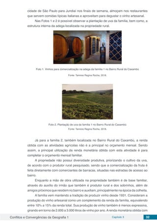 Conflitos e Convergências da Geografia 1 Capítulo 3 32
cidade de São Paulo para Jundiaí nos finais de semana, almoçam nos restaurantes
que servem comidas típicas italianas e aproveitam para degustar o vinho artesanal.
Nas Fotos 1 e 2 é possível observar a plantação de uva da família, bem como, a
estrutura interna da adega localizada na propriedade rural.
Foto 1. Vinhos para comercialização na adega da família 1 no Bairro Rural do Caxambú
Fonte: Tamires Regina Rocha, 2018.
Foto 2. Plantação de uva da família 1 no Bairro Rural do Caxambú
Fonte: Tamires Regina Rocha, 2018.
Já para a família 2, também localizada no Bairro Rural do Caxambú, a renda
obtida com as atividades agrícolas não é a principal no orçamento mensal. Sendo
assim, a principal utilização da renda monetária obtida com esta atividade é para
completar o orçamento mensal familiar.
A propriedade não possui diversidade produtiva, priorizando o cultivo da uva,
de acordo com o produtor rural pesquisado, sendo que a comercialização da fruta é
feita diretamente com comerciantes de barracas, situadas nas estradas de acesso ao
bairro.
Enquanto a mão de obra utilizada na propriedade também é de base familiar,
através do auxílio do irmão que também é produtor rural e dos sobrinhos, além de
amigos próximos que residem no bairro e auxiliam, principalmente na época da colheita.
A família vem mantendo a tradição de produzir vinho desde 1931. Consideram a
produção do vinho artesanal como um complemento da renda da família, equivalendo
entre 10% a 15% da renda total. Sua produção de vinho também é menos expressiva,
girando em torno de 2.000 a 3.000 litros de vinho por ano.Arenda monetária obtida com
 