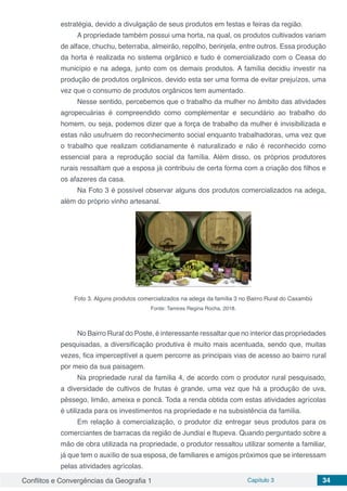 Conflitos e Convergências da Geografia 1 Capítulo 3 34
estratégia, devido a divulgação de seus produtos em festas e feiras da região.
A propriedade também possui uma horta, na qual, os produtos cultivados variam
de alface, chuchu, beterraba, almeirão, repolho, berinjela, entre outros. Essa produção
da horta é realizada no sistema orgânico e tudo é comercializado com o Ceasa do
município e na adega, junto com os demais produtos. A família decidiu investir na
produção de produtos orgânicos, devido esta ser uma forma de evitar prejuízos, uma
vez que o consumo de produtos orgânicos tem aumentado.
Nesse sentido, percebemos que o trabalho da mulher no âmbito das atividades
agropecuárias é compreendido como complementar e secundário ao trabalho do
homem, ou seja, podemos dizer que a força de trabalho da mulher é invisibilizada e
estas não usufruem do reconhecimento social enquanto trabalhadoras, uma vez que
o trabalho que realizam cotidianamente é naturalizado e não é reconhecido como
essencial para a reprodução social da família. Além disso, os próprios produtores
rurais ressaltam que a esposa já contribuiu de certa forma com a criação dos filhos e
os afazeres da casa.
Na Foto 3 é possível observar alguns dos produtos comercializados na adega,
além do próprio vinho artesanal.
Foto 3. Alguns produtos comercializados na adega da família 3 no Bairro Rural do Caxambú
Fonte: Tamires Regina Rocha, 2018.
No Bairro Rural do Poste, é interessante ressaltar que no interior das propriedades
pesquisadas, a diversificação produtiva é muito mais acentuada, sendo que, muitas
vezes, fica imperceptível a quem percorre as principais vias de acesso ao bairro rural
por meio da sua paisagem.
Na propriedade rural da família 4, de acordo com o produtor rural pesquisado,
a diversidade de cultivos de frutas é grande, uma vez que há a produção de uva,
pêssego, limão, ameixa e poncã. Toda a renda obtida com estas atividades agrícolas
é utilizada para os investimentos na propriedade e na subsistência da família.
Em relação à comercialização, o produtor diz entregar seus produtos para os
comerciantes de barracas da região de Jundiaí e Itupeva. Quando perguntado sobre a
mão de obra utilizada na propriedade, o produtor ressaltou utilizar somente a familiar,
já que tem o auxílio de sua esposa, de familiares e amigos próximos que se interessam
pelas atividades agrícolas.
 