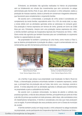 Conflitos e Convergências da Geografia 1 Capítulo 3 35
Entretanto, as atividades não agrícolas realizadas no interior da propriedade
vem se fortalecendo em virtude dos investimentos que vem ocorrendo na adega
administrada pela família (Foto 4) que, além de produzir o vinho artesanal, realiza a
produção de massas caseiras, doces e pimenta em conservas e bagaceira artesanal,
que favorecem para complementar o orçamento familiar.
De acordo com o entrevistado, a produção de vinho ainda é considerada um
complemento da renda familiar, equivalendo entre 10 e 15% da renda total, ou seja,
a renda obtida com as atividades agrícolas ainda se sobressae no computo geral.
Sua produção é menos expressiva em termos de vinho, girando em torno de 2.000
litros por ano. Entretanto, mesmo com uma produção menos expressiva de vinho,
a família também participa da Cooperativa Agrícola dos Produtores de Vinho – AVA.
Outra renda não agrícola que também favorece para ser contabilizada no orçamento
familiar é a aposentadoria do casal.
Na propriedade há também a presença de uma horta, como mostra a Foto 5,
que se destina principalmente à produção de alface, a qual é comercializada com os
comerciantes que têm de barracas próximas às rodovias.
Foto 4. Estrutura interna da adega da
Bairro Rural do Poste
Fonte: Tamires Regina Rocha, 2018.
Foto 5. Horta na propriedade rural da
família 4 no Bairro Rural do Poste
Fonte: Tamires Regina Rocha, 2018.
Já a família 5 que possui sua propriedade rural localizada no Bairro Rural do
Poste, a diversificação produtiva encontrada também é bastante expressiva, sendo
que, o principal foco de produção são as frutas, tais como: uva, morango, acerola e
poncã. A renda adquirida com as atividades agrícolas é utilizada para investimentos
na propriedade e para a subsistência da família.
De acordo com o produtor entrevistado, na época do plantio e colheita dos
produtos agrícolas, a mão de obra utilizada é familiar, principalmente por parte do irmão
e de três (3) primos que auxiliam em todo processo, além disso, são contratados cinco
(5) trabalhadores temporários. A família é considerada uma das que mais produzem
uva na região. A comercialização dos seus produtos ocorre com a Ceasa do município
de Jundiaí.
A família também produz em larga escala o vinho artesanal na adega localizada
na propriedade, sendo participante da Cooperativa Agrícola dos Produtores de Vinho –
 