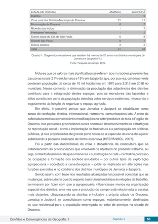 Conflitos e Convergências da Geografia 1 Capítulo 4 50
LOCAL DE ORIGEM JAMAICA JACIPORÃ
Distritos - 2
Zona rural dos Distritos/Município de Dracena 21 15
Microrregião de Dracena 6 2
Ribeirão dos Índios - 7
Presidente Venceslau - 2
Outros locais do Est. de São Paulo 6 8
Grande São Paulo 6 7
Outros estados 2 5
Total 41 48
Quadro 1: Origem dos moradores que residem há menos de 25 anos nos distritos municipais de
Jamaica e Jaciporã (%).
Fonte: Pesquisa de campo, 2014.
Nota-se que os valores mais significativos se referem aos moradores provenientes
daszonasrurais(21%emJamaicae15%emJaciporã),que,porsuavez,continuamente
perderam população: de cerca de 10 mil habitantes em 1970 para 3.312 em 2010 no
município. Nesse contexto, a diminuição da população das adjacências dos distritos
contribuiu para a estagnação destes espaços, pois os moradores das fazendas e
sítios constituíam parte da população atendida pelos serviços existentes, reforçando o
esgotamento da função de organizar o espaço agrícola.
Em efeito, é possível pensar que Jamaica e Jaciporã se estabilizam como
zonas de rarefação: técnica, informacional, normativa, comunicacional etc. A crise da
cafeicultura motivou consideráveis modificações no setor produtivo de toda a Região de
Dracena, nas pequenas propriedades rurais ocorreu o desenvolvimento de estratégias
de reprodução social – como a implantação da fruticultura e a participação em políticas
públicas, já nas propriedades de grande porte notou-se a expansão da cana-de-açúcar
substituindo a pecuária realizada de forma extensiva (HESPANHOL, 2007).
Foi a partir das decorrências da crise e decadência da cafeicultura que se
estabeleceram as preocupações que envolvem os objetivos do presente trabalho, ou
seja, o intento de analisar de quais maneiras a substituição do café – central no processo
de ocupação e formação dos núcleos estudados – por outros tipos de exploração
agropecuária – sobretudo a cana-de-açúcar – pôde ter implicado em alterações nas
funções exercidas e no cotidiano dos distritos municipais de Jamaica e Jaciporã.
Sendo assim, com base nos resultados alcançados foi possível constatar que as
mudanças, sobretudo no que diz respeito à estrutura fundiária e às relações de trabalho,
terminaram por fazer com que a agropecuária influenciasse menos na organização
espacial dos distritos, uma vez que a produção do campo está relacionada a escalas
mais distantes, ultrapassando os distritos e inclusive a própria cidade de Dracena.
Jamaica e Jaciporã se consolidaram como espaços, majoritariamente, destinados
ao uso residencial para a população empregada no setor de serviços na cidade de
Dracena.
 