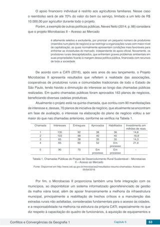 Conflitos e Convergências da Geografia 1 Capítulo 5 63
O apoio financeiro individual é restrito aos agricultores familiares. Nesse caso
o reembolso será de até 70% do valor do bem ou serviço, limitado a um teto de R$
10.000,00 por agricultor durante todo o projeto.
Porém, a exemplo de outras políticas públicas, Neves Neto (2014, p. 98) considera
que o projeto Microbacias II – Acesso ao Mercado
é altamente seletivo e excludente, por priorizar um pequeno número de produtores
(inseridos num plano de negócio) e se restringir a organizações rurais com maior nível
de capitalização, as quais normalmente apresentam condições mais favoráveis para
enfrentar as vicissitudes do mercado, independente do apoio oficial. Novamente, os
produtores rurais descapitalizados, que enfrentam graves problemas ambientais em
suas propriedades ficarão à margem dessa política pública, financiada com recursos
de toda a sociedade.
De acordo com a CATI (2016), após seis anos do seu lançamento, o Projeto
Microbacias II apresenta resultados que refletem a realidade das associações,
cooperativas de produtores rurais e comunidades tradicionais de todo o Estado de
São Paulo, tendo havido a diminuição do interesse ao longo das chamadas públicas
realizadas. Em quatro chamadas públicas foram aprovados 163 planos de negócios,
beneficiando diversas cadeias produtivas.
Atualmente o projeto está na quinta chamada, que contou com 90 manifestações
de interesse e, dessas, 70 planos de iniciativa de negócio, que atualmente se encontram
em fase de avaliação, o interesse na elaboração do plano de negócio voltou a ser
maior do que nas chamadas anteriores, conforme se verifica na Tabela 1.
Chamada Interesses Entregues Aprovados Habilitados Investimento em
milhões de reais
1 135 92 38 36 14,8
2 103 98 40 40 16,9
3 65 38 35 35 14,3
4 65 60 52 Em
processo
21,9
5 90 70 Em
processo
Em
processo
-
Tabela 1. Chamadas Públicas do Projeto de Desenvolvimento Rural Sustentável – Microbacias
II – Acesso ao Mercado
Fonte: Disponível em http://www.cati.sp.gov.br/microbacias2/resultados-resumo-chamadas> Acesso em
05/04/2018.
Por fim, o Microbacias II proporciona também uma forte integração com os
municípios, ao disponibilizar um sistema informatizado georreferenciado de gestão
da malha viária local, além de apoiar financeiramente a melhoria da infraestrutura
municipal, principalmente a reabilitação de trechos críticos e a manutenção das
estradas rurais não asfaltadas, consideradas fundamentais para o acesso às cidades,
e a responsabilidade na melhoria na estrutura da própria CATI, especialmente no que
diz respeito à capacitação do quadro de funcionários, à aquisição de equipamentos e
 