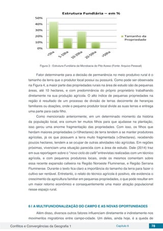 Conflitos e Convergências da Geografia 1 Capítulo 6 78
Figura 3 - Estrutura Fundiária da Microbacia do Pito Aceso (Fonte: Arquivo Pessoal)
Fator determinante para a decisão de permanência no meio produtivo rural é o
tamanho da terra que o produtor local possui ou possuirá. Como pode ser observada
na Figura 4, a maior parte das propriedades rurais na área de estudo são de pequenas
áreas, até 10 hectares, e com predominância do próprio proprietário trabalhando
diretamente na sua produção agrícola. O alto índice de pequenas propriedades na
região é resultado de um processo de divisão de terras decorrente de heranças
familiares ou doações, onde o pequeno produtor local divide as suas terras e entrega
uma parte para cada filho.
Como mencionado anteriormente, em um determinado momento da história
da população local, era comum ter muitos filhos para que ajudasse na plantação,
isso gerou uma enorme fragmentação das propriedades. Com isso, os filhos que
herdam maiores propriedades (>10hectares) de terra tendem a se manter produtores
agrícolas, já os que possuem a terra muito fragmentada (<5hectares), recebendo
poucos hectares, tendem a se ocupar de outras atividades não agrícolas. Em regiões
próximas, vivenciam uma situação parecida com a área de estudo. Dale (2014) traz
em sua reportagem sobre o “novo ciclo do café” entrevistas realizadas com um técnico
agrícola, e com pequenos produtores locais, onde os mesmos comentam sobre
essa recente expansão cafeeira na Região Noroeste Fluminense, e Região Serrana
Fluminense. Durante o texto fica claro a importância do tamanho da terra para fazer o
cultivo ser rentável. Entretanto, o relato do técnico agrícola é positivo, ele evidencia o
crescimento da agricultura familiar em pequenas propriedades, o que pode resultar em
um maior retorno econômico e consequentemente uma maior atração populacional
nesse espaço rural.
6 | 	A MULTIFUNCIONALIZAÇÃO DO CAMPO E AS NOVAS OPORTUNIDADES
Além disso, diversos outros fatores influenciam diretamente e indiretamente nos
movimentos migratórios entre campo-cidade. Um deles, ainda hoje, é a queda de
 