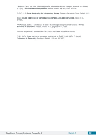 Conflitos e Convergências da Geografia 1 Capítulo 6 82
CARNEIRO, M.J. “Do rural” como categoria de pensamento e como categoria analítica. In Carneiro,
M.J. (org.) Ruralidades Contemporâneas. Rio de Janeiro: MAUAD, 2012, p.23-50.
CLOUT, H. D. Rural Geography: An Introductory Survey. Elsevier - Pergamon Press, Oxford, 2013
IBGE, CENSO ECONÔMICO/ AGRÍCOLA/ AGROPECUÁRIO/DEMOGRÁFICO, 1940- 2010,
BRASIL.
PANAGIDES, Stahis. – Erradicação do café e diversificação da agricultura brasileira – Revista
Brasileira de Economia – Rio de Janeiro, V. 23, páginas 41-71, 1969.
Pousada Morgenlicht – Acessado em: 26/12/2016 http://www.morgenlicht.com.br/
TUAN, Yi-Fu. Space and place: humanistic perspective. In: GALE, S; OLSSON, G. (orgs.).
Philosophy in Geography. Dordrecht: Reidel, 1979, pp. 387-427.
 