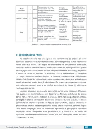 Contradições e Desafios na Educação Brasileira 3 Capítulo 11 130
Ácido
Carboxílico
2 13.06
Perceber como os maus
cheiros afetam nossa vida
através de uma discussão
sensibilizadora.
Definição,
propriedades e
nomenclatura;
Prova/Memória
Olfativa (frasco não
identificado com
vinagre)
Aldeído e cetona 2 20.06
Distinguir e argumentar
o porquê nem todas as
moléculas orgânicas
apresentam aroma e/ou odor.
Definição,
propriedades e
nomenclatura.
Correção e retorno
da prova na 2ª Aula.
Propriedades de um
Aromatizante para
causar a sensação
de aroma; Bala de
canela e arruda;
Éster
2 03.07
Discutir os aspectos sociais,
econômicos e ambientais para
o uso de aromas naturais e
artificiais e sua respectiva
extração e produção.
Definição,
propriedades,
nomenclatura
e reação de
esterificação;
Exercícios;
Ésteres e aromas
de frutas. Salada
de frutas com frutas
diversas.
2 10.07
Finalizar a sequência com
confraternização e conversa
sobre as aulas.
Correção dos
exercícios e
confraternização.
Métodos de
extração (tipos
de destilação);
Recuperação;
Quadro 3 – Design detalhado das aulas da segunda SEA
3 | 	CONSIDERAÇÕES FINAIS
O trabalho docente não visa apenas seu cumprimento de ensino, ele deve
sobretudo observar seu cumprimento quanto a aprendizagem dos alunos e como isso
reflete sobre sua prática. Se é capaz de refletir sobre ela e mudar suas estratégias,
métodosetécnicasdeensinovisandoaulascontextualizadas,nãofragmentadas,porém
sem negligenciar o conhecimento escolar, sempre conhecendo as concepções prévias
e formas de pensar do alunado. Os resultados obtidos, independente do contexto e
do design, dependem também do grau de interesse, envolvimento e disciplina dos
alunos. O professor por mais reflexivo e interessado por promover uma aprendizagem
significativa estará sujeito à reação dos alunos. Cabe ao professor pensar e repensar
em meios que possam levar a um melhor aproveitamento, causando interesse e
motivação aos alunos.
Após as atividades se observou que muitos alunos ainda possuíam dificuldade
nas questões de nomenclatura e em desenhar as fórmulas estruturais de acordo
com o nome. Porém, com o redesign a avaliação contemplou aspectos referentes a
sensação de olfato e aromas além do universo simbólico. Durante as aulas, os alunos
demonstraram interesse quando se discutia sobre perfume, bebidas alcoólicas e
preservativos (aromas e sabores presentes neles). A nova sequência, portanto, propõe
uma melhor integração entre as dimensões epistêmica e pedagógica permitindo
interações sociais adequadas entre professor-aluno e aluno-aluno na busca de
aproximar o conhecimento científico do mundo real, e as motivações iniciais utilizadas
colaboraram para tal.
 