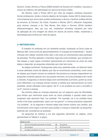 Contradições e Desafios na Educação Brasileira 3 Capítulo 19 210
Scarinci, Costa, Shimizu e Pacca (2009) também se focaram em modelos, mas para o
ensino da matéria e de eletricidade em alunos de ensino médio.
De Oliveira, Leite e Prince (2017) por meio de imagens artísticas buscaram
formar professores, tendo o mesmo objetivo de formação, Avelar (2014) desenvolveu
uma proposta que serviu para auxiliar professores e alunos a fazerem análise técnica
de terrenos. já Camara, Da Costa, Faustino e Morais (2017) utilizaram fotografias
para ensinar crianças a ler. Das Neves, Dos Anjos e Ferreira (2016) também
utilizaramimagens, eles, por sua vez, analisaram conceitos celulares por meio
da aplicação de uma imagem de célula em alunos de ensino médio, mostrando a
diversidade para ensinar por meio de signos.
3 | 	METODOLOGIA
O trabalho foi realizado em um ambiente escolar, localizado na Zona Leste de
Manaus-AM, numa turma de aproximadamente 15 crianças do fundamental I. Quatro
crianças com idades variando entre sete e oito anos se voluntariaram para participar
da atividade. Foi-lhes aplicado o chamado Jogo das cores proibidas, que consiste em
três etapas e cujas regras consistem basicamente em memorizar as cores de cada
etapa e responder as perguntas referentes sem citar tais cores.
As etapas continham 18 perguntas cada uma, podendo estas, se referirem tanto
a cores abstratas (cores de objetos que não se encontravam presentes), como cores
de objetos que fossem visíveis no ambiente. Na primeira as crianças responderam às
perguntas contando apenas com sua própria memória, as cores proibidas eram verde
e amarelo. A segunda e a terceira etapa eram semelhantes à primeira, porém as cores
eram diferentes e as crianças tiveram acesso a cartões que representavam as cores
proibidas, sendo utilizados como signos. Na 2ª, a cor proibida era azul e vermelho e
na 3ª, marrom e laranja.
Na primeira etapa as crianças passaram por um pequeno grau de dificuldade,
pois tinham que memorizar quais eram as cores proibidas e quando estas cores
surgissem elas deveriam falar “cor proibida”. Por exemplo, se a cor proibida fosse
verde e lhe fosse questionado “qual a cor da grama?” a criança precisava responder
“cor proibida”. Já na segunda e terceira etapa elas tinham acesso aos cartões, que
funcionavam como signo e serviam para auxiliar a criança a responder as perguntas,
podendo ela, consultá-los se quisesse.
As perguntas se referem a cor dos seguintes elementos ou objetos, como
apresentada na Tabela 3, a seguir.
Qual é a cor:
1 De do brinquedo (presente no local) 10 Da grama
2 Do sangue 11 Da Coca-Cola
3 Do lápis (presente no local) 12 De um lenço (presente no local)
 