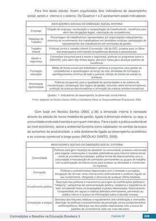 Contradições e Desafios na Educação Brasileira 3 Capítulo 22 249
Para fins deste estudo, foram organizados dois indicadores de desempenho
social, sendo o interno e o externo. Os Quadros 1 e 2 apresentam esses indicadores:
INDICADORES SOCIAIS DA DIMENSÃO SOCIAL INTERNA
Emprego
Criação de emprego; recolocação e recapacitação de trabalhadores ; benefícios para
além das obrigações legais; valorização de competências;
Relações de
Trabalho
Percentagem de trabalhadores representados por organizações independentes;
incentivo ao envolvimento dos trabalhadores em atividades sindicais; participação de
representantes dos trabalhadores em comissões de gestão.
Trabalho
Infantil
Políticas contra o trabalho infantil (Convenção 138 da OIT); projetos para os filhos
dos empregados estimulando competências técnicas e psicossociais;
Saúde e
segurança
Comissões conjuntas para a saúde e segurança, políticas ou programas sobre a
SIDA/HIV; para além dos limites legais, planos e metas para alcançar padrões de
excelência.
Formação
educação
Média de horas anuais por trabalhador; políticas e programas para gestão de
competências e aprendizagem ao longo da vida; atividades de formação e
aperfeiçoamento contínuo de todo o pessoal; ofertas de bolsas de estudo ou
similares;
Diversidade
oportunidade
Políticas /programas para a igualdade de oportunidades e de sistema de
monitorização; composição dos órgãos de gestão, incluindo rateio homens/mulheres;
proibição de práticas discriminatórias e promoção de práticas antidiscriminatórias.
Quadro 1 - Indicadores de desempenho da dimensão social interna
Fonte: adaptado de Nicolau Santos (2005) e Indicadores Ethos de Responsabilidade Empresarial, 2004.
Com base em Nicolau Santos (2005, p.38) a dimensão interna é nomeada
através da adesão de novos modelos de gestão, ligada à dimensão externa, ou seja, a
comunidade onde está inserida e com quem interatua. Para o autor a prática sustentável
ao nível econômico, social e ambiental funciona como catalisador no sentido da busca
de aumentos de produtividade, e está diretamente ligado ao desempenho econômico
e ao sucesso comercial à longo prazo (NICOLAU SANTO, 2005).
INDICADORES SOCIAIS DA DIMENSÃO SOCIAL EXTERNA
Comunidade
Políticas para gerir impactos da atividade na comunidade; processo estruturado
para registar reclamações e reuniões sistemáticas para informar líderes locais
sobre as providências tomadas; política formal de relacionamento com a
comunidade e manutenção de comissões permanentes ou grupos de trabalho
com a participação de líderes locais para analisar as atividades e monitorizar
os impactos;
Corrupção
Políticas e procedimentos relacionados com o combate à corrupção;
divulgação de normas, tanto interna como externamente e auditoria regular ao
seu cumprimento, obrigando a denúncia de qualquer oferta recebida;
Envolvimento político
Descrição das políticas e mecanismos para gerir as contribuições políticas e
“lobbying”; campanhas de conscientização política, cidadania e importância do
voto, envolvendo todos os empregados e partes interessadas; financiamento
fundamentado em regras e critérios definidos internamente, permitindo ao
público interno o acesso às informações sobre a decisão tomada;
Competição e preços
Decisões dos tribunais relativas a regulamentos anti cartelização e monopólio;
descrição de políticas e procedimentos de prevenção contra comportamentos
anticompetitivos; liderança nas discussões relacionadas com a busca de
padrões de concorrência cada vez mais elevados;
 