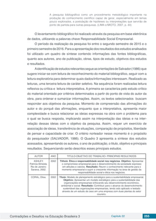Contradições e Desafios na Educação Brasileira 3 Capítulo 22 255
A pesquisa bibliográfica como um procedimento metodológico importante na
produção do conhecimento científico capaz de gerar, especialmente em temas
pouco explorados, a postulação de hipóteses ou interpretações que servirão de
ponto de partida para outras pesquisas. (LIMA e MIOTO, 2007, p. 44)
O levantamento bibliográfico foi realizado através da pesquisa em base eletrônica
de dados, utilizando a palavras chave Responsabilidade Social Empresarial.
O período da realização da pesquisa foi entre o segundo semestre de 2015 e o
primeiro semestre de 2016. Para a apresentação dos resultados dos estudos analisados
foi utilizado um quadro de síntese contendo informações das fontes bibliográficas,
quanto aos autores, ano de publicação, obras, tipos de estudo, objetivos dos estudos
e resultados.
AidentificaçãodeestudosrelevantessegueasorientaçõesdeSalvador(1986):que
sugere iniciar-se com leitura de reconhecimento do material bibliográfico, seguir com a
leitura exploratória para determinar quais dados/informações interessam. Realizado as
leituras, uma terceira leitura de caráter seletivo. Na sequência foram realizadas leitura
reflexiva ou crítica e leitura interpretativa. A primeira se caracteriza pelo estudo crítico
do material orientado por critérios determinados a partir do ponto de vista do autor da
obra, para ordenar e sumarizar informações. Assim, os textos selecionados buscam
responder aos objetivos da pesquisa. Momento de compreensão das afirmações do
autor e do porquê das afirmações, enquanto que a interpretativa, apresenta maior
complexidade e busca relacionar as ideias expressas na obra com o problema para
o qual se busca resposta, implicando assim na interpretação das ideias e na inter-
relação dessas ideias com o objetivo da pesquisa. Assim, requer um exercício de
associação de ideias, transferência de situações, comparação de propósitos, liberdade
de pensar e capacidade de criar. O critério norteador nesse momento é o propósito
do pesquisador (SALVADOR, 1986). O Quadro 3 apresenta a síntese dos estudos
acessados, apresentando os autores, o ano de publicação, o titulo, objetivo e principais
resultados. Sequenciando serão descritos esses principais estudos.
AUTOR ANO TITULO-OBJETIVO DO TRABALHO- PRINCIPAIS RESULTADOS
ASHLEY,
Patrícia Almeida.
Rio de Janeiro:
Saraiva, 2002.
2002 Títitulo: Ética e responsabilidade social nos negócios. Objetivo: Apresentar
o compromisso empresarial para o desenvolvimento da sociedade expresso
em atitudes e valores. Resultado: Reunir o conhecimento relevante para o
momento empresarial e suprir a crescente informação na área de gestão da
responsabilidade social e ética nos negócios.
CORAL, Elisa. 2002 Título: Modelo de planejamento estratégico para a sustentabilidade empresarial.
Objetivo: Apresentar um modelo estratégico pára a sustentabilidade das
organizações empresariais enfocando seu desenvolvimento econômico,
ambiental e social. Resultado: Contribuir para o alcance do desenvolvimento
sustentável das organizações empresariais, tendo sido aplicado e testado
através de um estudo de caso em uma empresa com duas plantas do setor
coureiro.
 