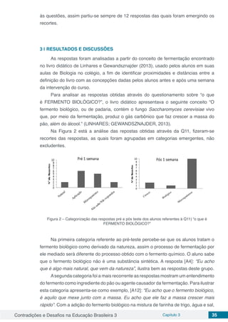 Contradições e Desafios na Educação Brasileira 3 Capítulo 3 35
às questões, assim partiu-se sempre de 12 respostas das quais foram emergindo os
recortes.
3 | 	RESULTADOS E DISCUSSÕES
As respostas foram analisadas a partir do conceito de fermentação encontrado
no livro didático de Linhares e Gewandsznajder (2013), usado pelos alunos em suas
aulas de Biologia no colégio, a fim de identificar proximidades e distâncias entre a
definição do livro com as concepções dadas pelos alunos antes e após uma semana
da intervenção do curso.
Para analisar as respostas obtidas através do questionamento sobre “o que
é FERMENTO BIOLÓGICO?”, o livro didático apresentava o seguinte conceito “O
fermento biológico, ou de padaria, contém o fungo Saccharomyces cerevisiae vivo
que, por meio da fermentação, produz o gás carbônico que faz crescer a massa do
pão, além do álcool.” (LINHARES; GEWANDSZNAJDER, 2013).
Na Figura 2 está a análise das repostas obtidas através da Q11, fizeram-se
recortes das respostas, as quais foram agrupadas em categorias emergentes, não
excludentes.
Figura 2 – Categorização das respostas pré e pós teste dos alunos referentes à Q11) “o que é
FERMENTO BIOLÓGICO?”
Na primeira categoria referente ao pré-teste percebe-se que os alunos tratam o
fermento biológico como derivado da natureza, assim o processo de fermentação por
ele mediado será diferente do processo obtido com o fermento químico. O aluno sabe
que o fermento biológico não é uma substância sintética. A resposta [A4]: “Eu acho
que é algo mais natural, que vem da natureza”, ilustra bem as respostas deste grupo.
Asegunda categoria foi a mais recorrente as respostas mostram um entendimento
do fermento como ingrediente do pão ou agente causador da fermentação. Para ilustrar
esta categoria apresenta-se como exemplo, [A12]: “Eu acho que o fermento biológico,
é aquilo que mexe junto com a massa. Eu acho que ele faz a massa crescer mais
rápido”. Com a adição do fermento biológico na mistura de farinha de trigo, água e sal,
 