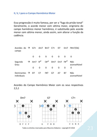 Todos os direitos reservados para Mauricio Alabama - copyright © 2018
23
II, V, I para o Campo Harmônico Maior
Essa progressão é muito famosa, por ser a “fuga da prisão tonal”
Geralmente, o acorde menor com sétima maior, originário do
campo harmônico menor harmônico, é substituído pelo acorde
menor com sétima menor, ainda assim, sem alterar a função da
cadência.
Acordes do
campo
à G7+ Am7 Bm7 C7+ D7 Em7 F#m7(5b)
↓ ↓ ↓ ↓ ↓ ↓ ↓
Segundo
Grau
à Am7 B C# Dm7 Em7 F# Não
aconselhável
↓ ↓ ↓ ↓ ↓ ↓ ↓
Dominantes
individuais
à D7 E7 F#7 G7 A7 B7 Não
aconselhável
Acordes do Campo Harmônico Maior com os seus respectivos
2,5,1
Dm7 G7 C7+
 