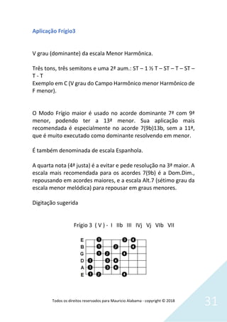 Todos os direitos reservados para Mauricio Alabama - copyright © 2018
31
Aplicação Frígio3
V grau (dominante) da escala Menor Harmônica.
Três tons, três semitons e uma 2ª aum.: ST – 1 ½ T – ST – T – ST –
T - T
Exemplo em C (V grau do Campo Harmônico menor Harmônico de
F menor).
O Modo Frígio maior é usado no acorde dominante 7ª com 9ª
menor, podendo ter a 13ª menor. Sua aplicação mais
recomendada é especialmente no acorde 7(9b)13b, sem a 11ª,
que é muito executado como dominante resolvendo em menor.
É também denominada de escala Espanhola.
A quarta nota (4ª justa) é a evitar e pede resolução na 3ª maior. A
escala mais recomendada para os acordes 7(9b) é a Dom.Dim.,
repousando em acordes maiores, e a escala Alt.7 (sétimo grau da
escala menor melódica) para repousar em graus menores.
Digitação sugerida
Frígio 3 ( V ) - I IIb III IVj Vj VIb VII
 