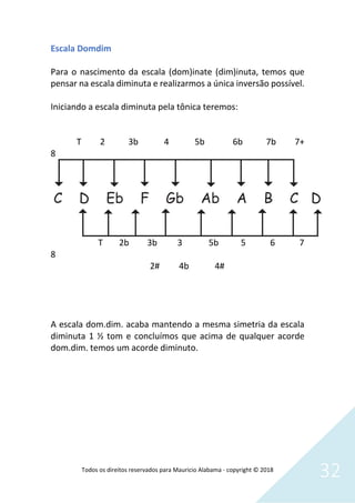 Todos os direitos reservados para Mauricio Alabama - copyright © 2018
32
Escala Domdim
Para o nascimento da escala (dom)inate (dim)inuta, temos que
pensar na escala diminuta e realizarmos a única inversão possível.
Iniciando a escala diminuta pela tônica teremos:
T 2 3b 4 5b 6b 7b 7+
8
T 2b 3b 3 5b 5 6 7
8
2# 4b 4#
A escala dom.dim. acaba mantendo a mesma simetria da escala
diminuta 1 ½ tom e concluímos que acima de qualquer acorde
dom.dim. temos um acorde diminuto.
 
