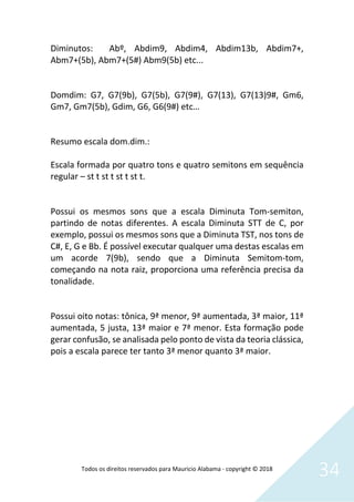 Todos os direitos reservados para Mauricio Alabama - copyright © 2018
34
Diminutos: Abº, Abdim9, Abdim4, Abdim13b, Abdim7+,
Abm7+(5b), Abm7+(5#) Abm9(5b) etc...
Domdim: G7, G7(9b), G7(5b), G7(9#), G7(13), G7(13)9#, Gm6,
Gm7, Gm7(5b), Gdim, G6, G6(9#) etc…
Resumo escala dom.dim.:
Escala formada por quatro tons e quatro semitons em sequência
regular – st t st t st t st t.
Possui os mesmos sons que a escala Diminuta Tom-semiton,
partindo de notas diferentes. A escala Diminuta STT de C, por
exemplo, possui os mesmos sons que a Diminuta TST, nos tons de
C#, E, G e Bb. É possível executar qualquer uma destas escalas em
um acorde 7(9b), sendo que a Diminuta Semitom-tom,
começando na nota raiz, proporciona uma referência precisa da
tonalidade.
Possui oito notas: tônica, 9ª menor, 9ª aumentada, 3ª maior, 11ª
aumentada, 5 justa, 13ª maior e 7ª menor. Esta formação pode
gerar confusão, se analisada pelo ponto de vista da teoria clássica,
pois a escala parece ter tanto 3ª menor quanto 3ª maior.
 