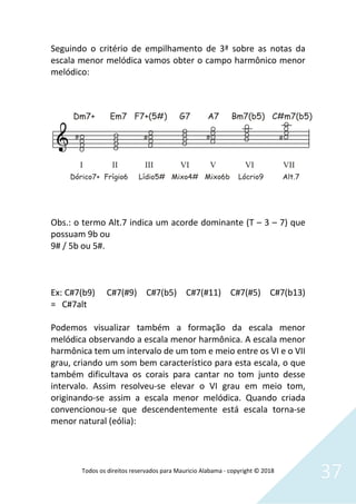 Todos os direitos reservados para Mauricio Alabama - copyright © 2018
37
Seguindo o critério de empilhamento de 3ª sobre as notas da
escala menor melódica vamos obter o campo harmônico menor
melódico:
Obs.: o termo Alt.7 indica um acorde dominante (T – 3 – 7) que
possuam 9b ou
9# / 5b ou 5#.
Ex: C#7(b9) C#7(#9) C#7(b5) C#7(#11) C#7(#5) C#7(b13)
= C#7alt
Podemos visualizar também a formação da escala menor
melódica observando a escala menor harmônica. A escala menor
harmônica tem um intervalo de um tom e meio entre os VI e o VII
grau, criando um som bem característico para esta escala, o que
também dificultava os corais para cantar no tom junto desse
intervalo. Assim resolveu-se elevar o VI grau em meio tom,
originando-se assim a escala menor melódica. Quando criada
convencionou-se que descendentemente está escala torna-se
menor natural (eólia):
 