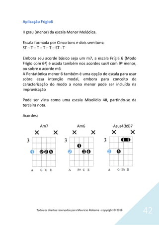 Todos os direitos reservados para Mauricio Alabama - copyright © 2018
42
Aplicação Frígio6
II grau (menor) da escala Menor Melódica.
Escala formada por Cinco tons e dois semitons:
ST – T – T – T – T – ST - T
Embora seu acorde básico seja um m7, a escala Frígia 6 (Modo
Frígio com 6ª) é usada também nos acordes sus4 com 9ª menor,
ou sobre o acorde m6
A Pentatônica menor 6 também é uma opção de escala para usar
sobre essa intenção modal, embora para conceito de
caracterização do modo a nona menor pode ser incluída na
improvisação
Pode ser vista como uma escala Mixolídio 4#, partindo-se da
terceira nota.
Acordes:
Am7 Am6 Asus4(b9)7
 