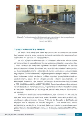 Educação, Meio Ambiente e Território 2 Capítulo 14 135
Figura 7 - Resíduos de papelão são dispostos temporariamente a céu aberto, aguardando a
posterior coleta (realizada diariamente)
Fonte: O Autor (2017).
2.5	COLETA / TRANSPORTE EXTERNO
Os Resíduos de Serviços de Saúde agrupados como lixo comum são recolhidos
três vezes por semana, sendo a empresa pelo recolhimento também responsável pelo
destino final dos resíduos aos aterros sanitários.
Os RSS agrupados como lixos perfuro cortantes e infectantes, são recolhidos
conformecontratodeprestaçãodeserviço,aempresaespecializada,acadaquinzedias.
A coleta é efetuada por profissional capacitado, através do recolhimento dos resíduos
junto ao depósito provisório de resíduos sólidos de saúde no estabelecimento gerador.
Ao chegar ao estabelecimento o coletor deverá, munido com todos os equipamentos de
segurança do trabalho pertinentes à função e disponibilizados pela empresa (uniforme,
luvas, máscara e botina) recolher os resíduos dispostos no depósito provisório do
estabelecimento, esses devem, obrigatoriamente, estarem acondicionados em
embalagens específicas com a devida identificação de resíduo infectante conforme
a RDC 306/2004 da ANVISA e ABNT NBR 7500. Os resíduos são acondicionados no
veículo de coleta, de maneira organizada, respeitando o empilhamento de forma a não
comprometer a integridade das embalagens e encaminhados à central de tratamento
de resíduos.
O transporte é realizado por veículo habilitado, com carroceria baú. Os veículos
utilizados no transporte de resíduos de serviço de saúde devem possuir autorização
emitida por órgãos ambientais (Licença Ambiental de Operação) e Certificados de
Inspeção para o Transporte de Produtos Perigosos – CIPP, devem ainda, possuir
equipamentos de emergência, kits proteção individual e coletiva e os motoristas devem
possuir treinamento específico para transporte de cargas perigosas (SEST/SENAT ou
similar).
 