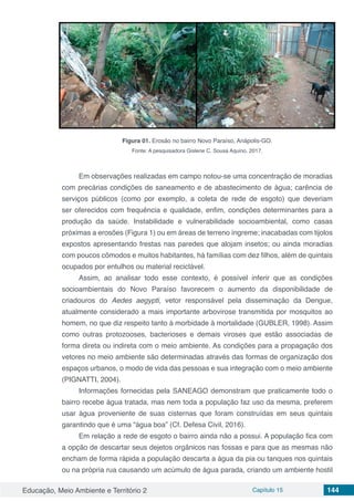 Educação, Meio Ambiente e Território 2 Capítulo 15 144
Figura 01. Erosão no bairro Novo Paraíso, Anápolis-GO.
Fonte: A pesquisadora Gislene C. Sousa Aquino. 2017.
Em observações realizadas em campo notou-se uma concentração de moradias
com precárias condições de saneamento e de abastecimento de água; carência de
serviços públicos (como por exemplo, a coleta de rede de esgoto) que deveriam
ser oferecidos com frequência e qualidade, enfim, condições determinantes para a
produção da saúde. Instabilidade e vulnerabilidade socioambiental, como casas
próximas a erosões (Figura 1) ou em áreas de terreno íngreme; inacabadas com tijolos
expostos apresentando frestas nas paredes que alojam insetos; ou ainda moradias
com poucos cômodos e muitos habitantes, há famílias com dez filhos, além de quintais
ocupados por entulhos ou material reciclável.
Assim, ao analisar todo esse contexto, é possível inferir que as condições
socioambientais do Novo Paraíso favorecem o aumento da disponibilidade de
criadouros do Aedes aegypti, vetor responsável pela disseminação da Dengue,
atualmente considerado a mais importante arbovirose transmitida por mosquitos ao
homem, no que diz respeito tanto à morbidade à mortalidade (GUBLER, 1998). Assim
como outras protozooses, bacterioses e demais viroses que estão associadas de
forma direta ou indireta com o meio ambiente. As condições para a propagação dos
vetores no meio ambiente são determinadas através das formas de organização dos
espaços urbanos, o modo de vida das pessoas e sua integração com o meio ambiente
(PIGNATTI, 2004).
Informações fornecidas pela SANEAGO demonstram que praticamente todo o
bairro recebe água tratada, mas nem toda a população faz uso da mesma, preferem
usar água proveniente de suas cisternas que foram construídas em seus quintais
garantindo que é uma “água boa” (Cf. Defesa Civil, 2016).
Em relação a rede de esgoto o bairro ainda não a possui. A população fica com
a opção de descartar seus dejetos orgânicos nas fossas e para que as mesmas não
encham de forma rápida a população descarta a água da pia ou tanques nos quintais
ou na própria rua causando um acúmulo de água parada, criando um ambiente hostil
 