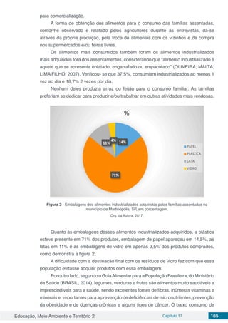 Educação, Meio Ambiente e Território 2 Capítulo 17 165
para comercialização.
A forma de obtenção dos alimentos para o consumo das famílias assentadas,
conforme observado e relatado pelos agricultores durante as entrevistas, dá-se
através da própria produção, pela troca de alimentos com os vizinhos e da compra
nos supermercados e/ou feiras livres.
Os alimentos mais consumidos também foram os alimentos industrializados
mais adquiridos fora dos assentamentos, considerando que “alimento industrializado é
aquele que se apresenta enlatado, engarrafado ou empacotado” (OLIVEIRA; MALTA;
LIMA FILHO, 2007). Verificou- se que 37,5%, consumiam industrializados ao menos 1
vez ao dia e 18,7% 2 vezes por dia.
Nenhum deles produzia arroz ou feijão para o consumo familiar. As famílias
preferiam se dedicar para produzir e/ou trabalhar em outras atividades mais rendosas.
Figura 2 - Embalagens dos alimentos industrializados adquiridos pelas famílias assentadas no
município de Martinópolis, SP, em porcentagem.
Org. da Autora, 2017.
Quanto às embalagens desses alimentos industrializados adquiridos, a plástica
esteve presente em 71% dos produtos, embalagem de papel apareceu em 14,5%, as
latas em 11% e as embalagens de vidro em apenas 3,5% dos produtos comprados,
como demonstra a figura 2.
A dificuldade com a destinação final com os resíduos de vidro fez com que essa
população evitasse adquirir produtos com essa embalagem.
Poroutrolado,segundooGuiaAlimentarparaaPopulaçãoBrasileira,doMinistério
da Saúde (BRASIL, 2014), legumes, verduras e frutas são alimentos muito saudáveis e
imprescindíveis para a saúde, sendo excelentes fontes de fibras, inúmeras vitaminas e
minerais e, importantes para a prevenção de deficiências de micronutrientes, prevenção
da obesidade e de doenças crônicas e alguns tipos de câncer. O baixo consumo de
 