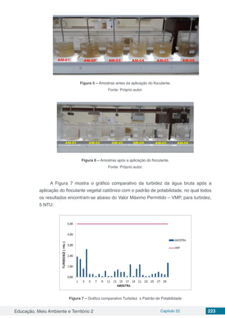 Educação, Meio Ambiente e Território 2 Capítulo 22 223
Figura 5 – Amostras antes da aplicação do floculante.
Fonte: Próprio autor.
Figura 6 – Amostras após a aplicação do floculante.
Fonte: Próprio autor.
A Figura 7 mostra o gráfico comparativo da turbidez da água bruta após a
aplicação do floculante vegetal catiônico com o padrão de potabilidade, no qual todos
os resultados encontram-se abaixo do Valor Máximo Permitido – VMP, para turbidez,
5 NTU:
Figura 7 – Gráfico comparativo Turbidez x Padrão de Potabilidade
 