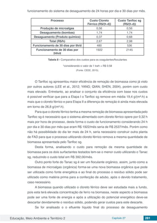 Educação, Meio Ambiente e Território 2 Capítulo 27 281
funcionamento do sistema de desaguamento de 24 horas por dia e 30 dias por mês.
Processo Custo Cloreto
Férrico (R$/(h∙d))
Custo Tanfloc sg
(R$/(h∙d))
Produção de microalgas 0,56 0,56
Desaguamento (bombas) 1,74 1,74
Desaguamento (Produto químico) 0,37 0,68
Total (R$/h) 2,67 2,98
Funcionamento de 30 dias por 6h/d 480 536
Funcionamento de 30 dias por
24h/d
1922 2145
Tabela 8 - Comparativo dos custos para os coagulantes/floculantes
*considerando o valor de 1 kwh = R$ 0,58
(Fonte: CEEE, 2015).
O Tanfloc sg apresentou maior eficiência de remoção de biomassa como já visto
por outros autores (LEE et al., 2012; YANG; QIAN; SHEN, 2004), porém com custo
mais elevado. Entretanto, ao analisar o conjunto da eficiência com base nos custos
é possível verificar que para a Etapa I o Tanfloc sg remove em média 19,4 g/(m³∙h) a
mais que o cloreto férrico e para Etapa II a diferença de remoção é ainda mais elevada
em torno de 26,8 g/(m³∙h).
Para que o cloreto férrico tenha a mesma remoção de biomassa apresentada pelo
Tanfloc sg é necessário que o sistema alimentado com cloreto férrico opere por 0,32 h
mais por hora de processo, desta forma o custo de funcionamento considerando 24 h
por dia e 30 dias por mês que eram R$ 1922/mês seria de R$ 2537/mês. Porém como
não há possibilidade do dia ter mais de 24 h, seria necessário construir outra planta
de FAD para que o processo utilizando cloreto férrico remova a mesma quantidade de
biomassa apresentada pelo Tanfloc sg.
Desta forma, analisando o custo para remoção da mesma quantidade de
biomassa para os dois surfactantes testados tem-se o menor custo utilizando o Tanac
sg, reduzindo o custo total em R$ 392,00/mês.
Outro ponto forte do Tanac sg é ser um floculante orgânico, assim, junto como a
biomassa de microalgas (orgânica) forma-se uma nova biomassa orgânica que pode
ser utilizada como fonte energética e ao final do processo o resíduo sólido pode ser
utilizado como matéria prima para a confecção de adubo, após o devido tratamento,
caso necessário.
A biomassa quando utilizado o cloreto férrico deve ser estudada mais a fundo,
pois esta terá elevada concentração de ferro na biomassa, neste aspecto a biomassa
pode ser uma fonte de energia e após a utilização do potencial energético deve-se
descartar devidamente o resíduo sólido, podendo gerar custos para este descarte.
Se for analisado o o efluente líquido final do processo de desaguamento
 